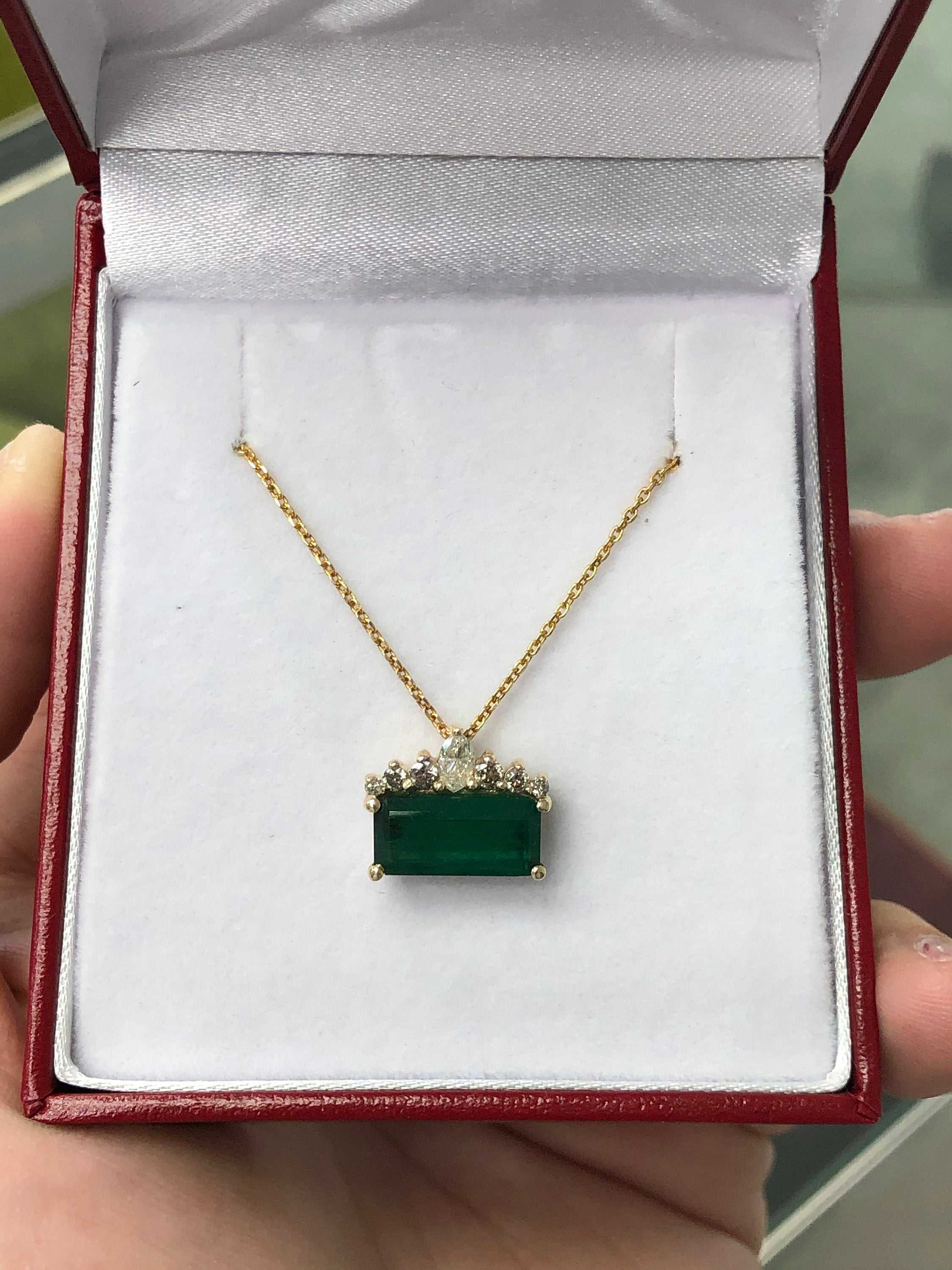 3.45 Carat East-West Dark Green Emerald and Diamond Tiara Necklace in 14K Gold - Elegant Bridal Jewelry for Weddings, Prom & Special Occasions