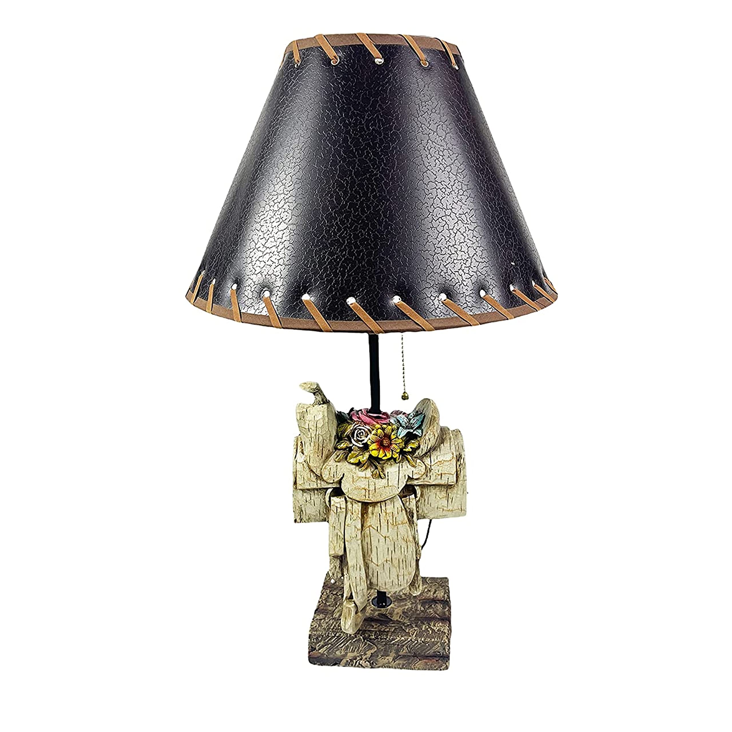 Western Cowboy Floral White Saddle Roper End Table Lamp - Nightstand & Standing Table Light for Bedroom, Living Room, Office Decor - Rustic Home Accent Lighting for Western Theme Rooms