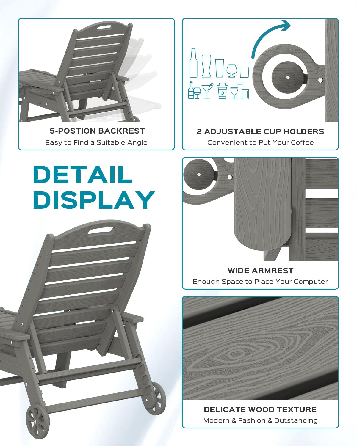 Adjustable 5-Position Outdoor Chaise Lounge Chair with Wheels & Double Cup Holders - Wood Texture Patio Poolside Lounger for Backyard, Deck, Beach - Grey | Perfect for Sunbathing, Relaxing by the Pool or Garden