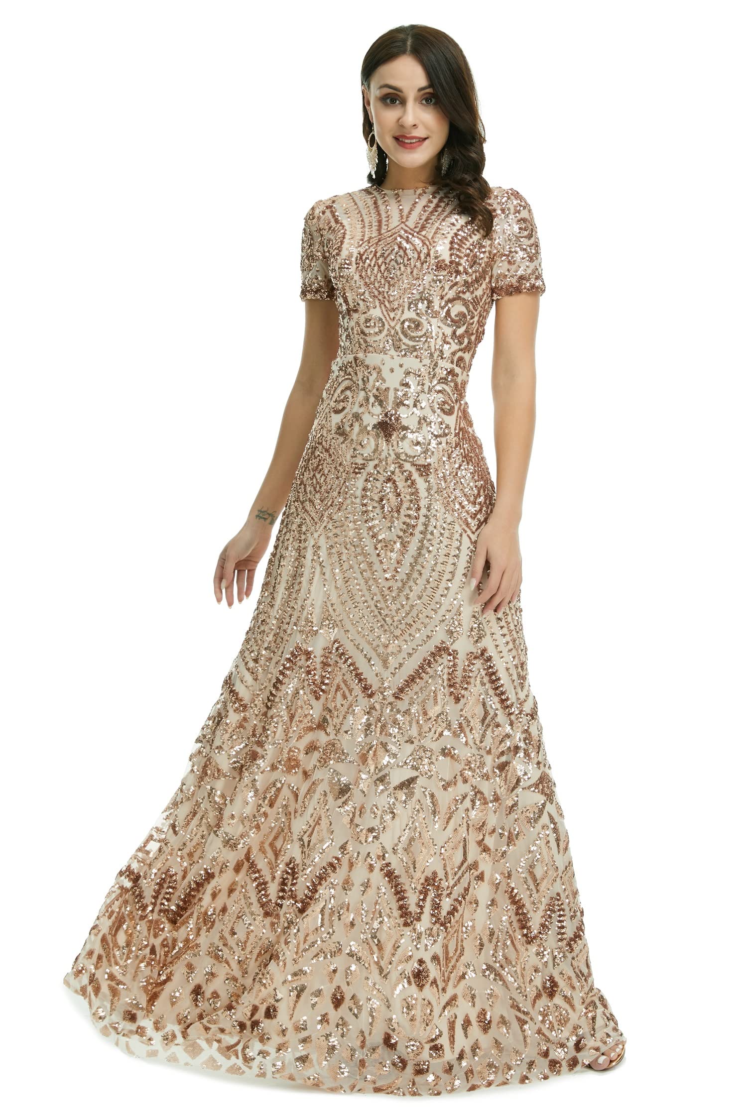 Elegant A-Line Sequined Short Sleeve Evening Dress for Bridesmaid, Prom & Formal Events - Perfect for Weddings, Parties & Special Occasions