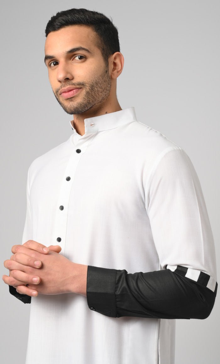 Stylish Contrast Black Panel Thobe with Pockets - Premium Embroidered Islamic Robe for Men - Perfect for Eid, Prayer & Special Occasions