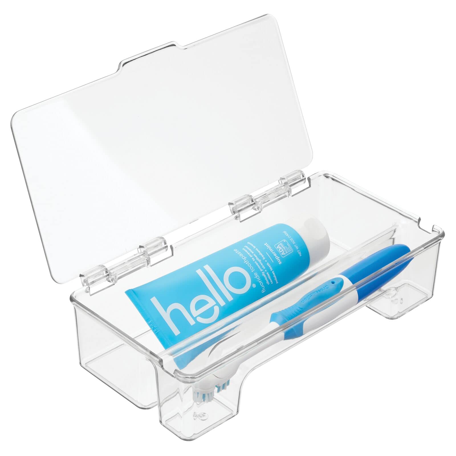 mDesign Clear Plastic Toothbrush Holder with Hinged Lid - Bathroom Vanity Organizer for Electric Toothbrush, Toothpaste, Dental Floss & Teeth Whitening Strips - Perfect for Cabinet, Closet or Drawer Storage - Ideal for Home, Apartment & Travel Use
