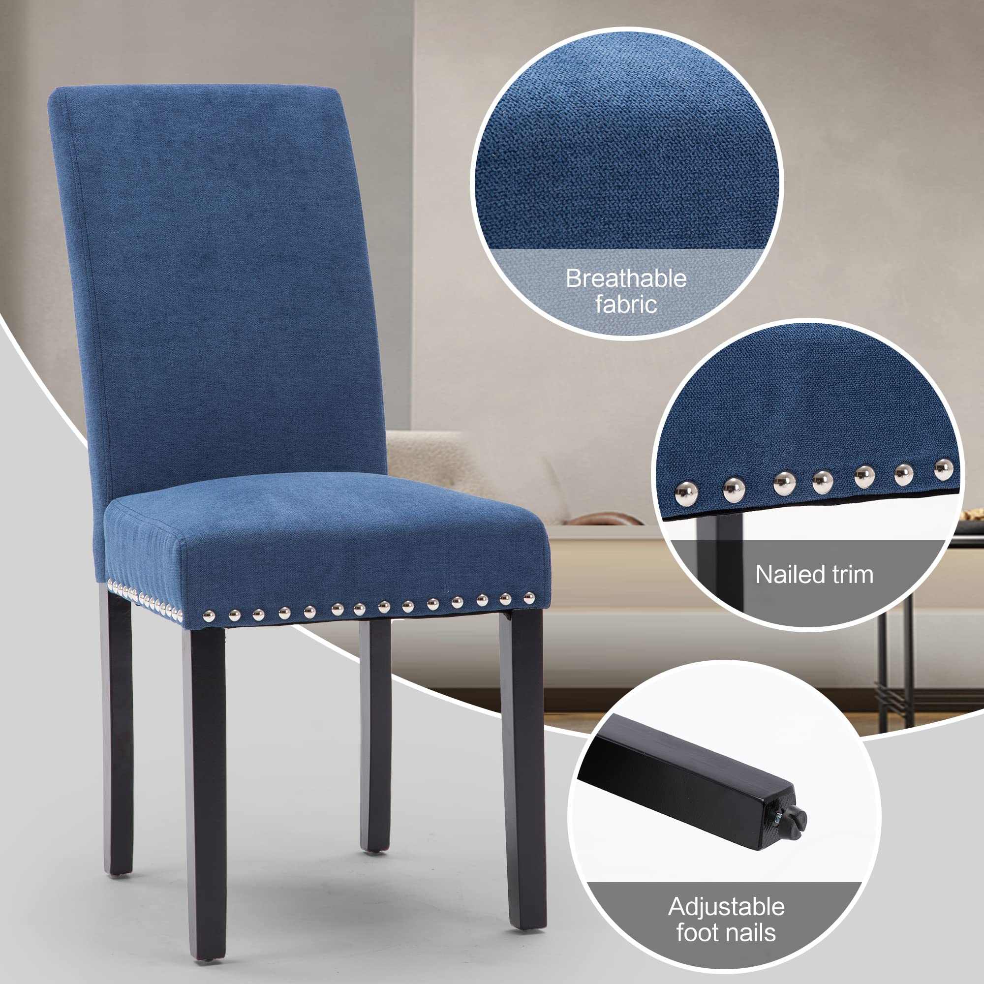 2 Pack Fabric Upholstered Dining Chairs - Modern Parson Chairs with Nailhead Trim & Solid Wood Legs for Kitchen, Dining Room & Home Decor - Blue Velvet Accent Chairs for Elegant Entertaining