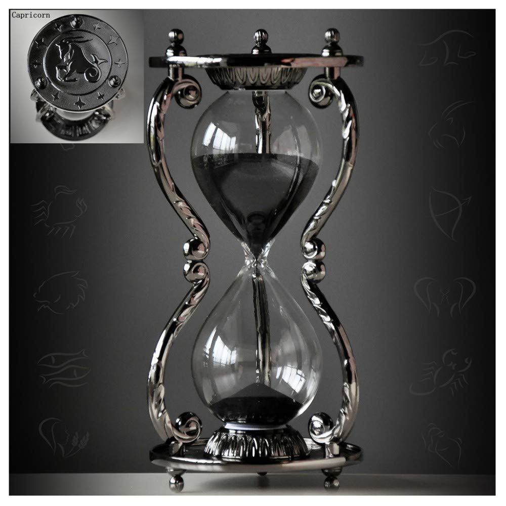 Vintage Black Antique Decorative Hourglass Sand Timer - 30 Minute Metal Art with 12 Constellations Design for Office Desk & Home Decor | Perfect Birthday Gift for Capricorn | Great for Meditation, Time Management & Vintage Style Interior Decoration