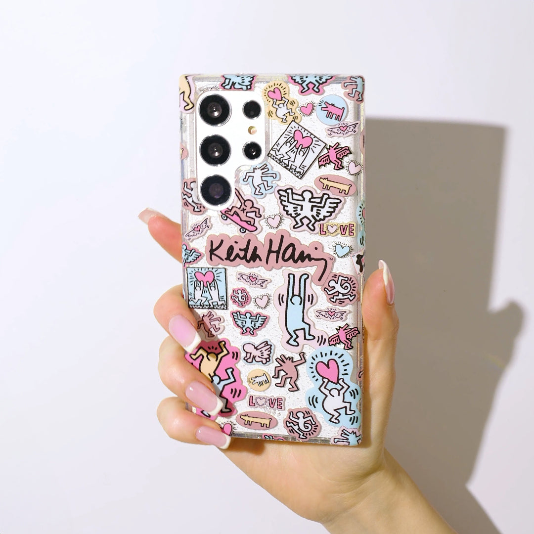 Keith Haring Pastel Glitter Samsung Phone Case - Trendy Protective Cover for Galaxy S21/S20/Note 20 - Cute Artistic Design for Everyday Use & Gift Giving