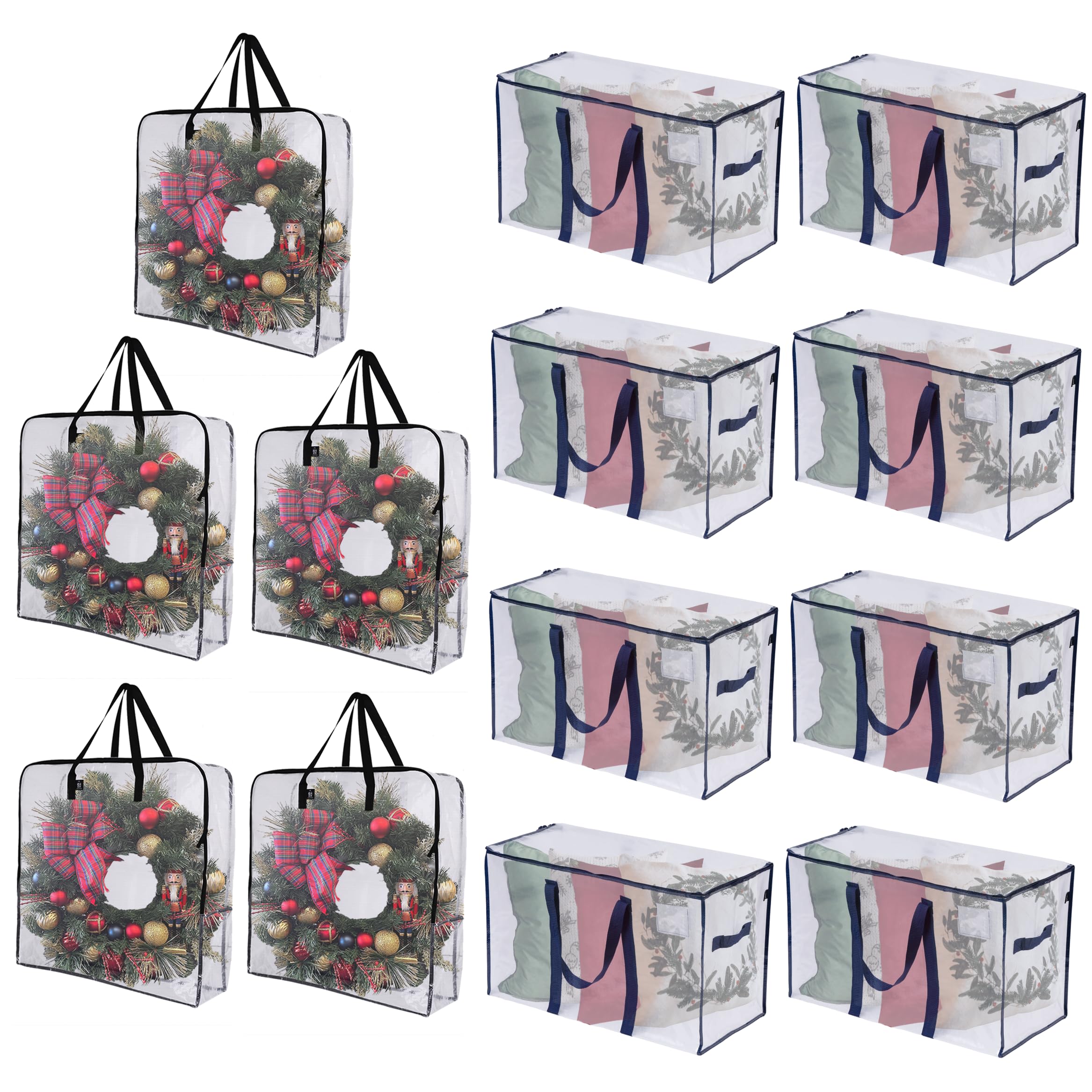 VENO 13-Piece Christmas Decoration Storage Set - 5 Wreath Storage Bags & 8 Large Holiday Organizer Bins with Lids - Perfect for Xmas Tree Ornaments, Lights & Garland Organization