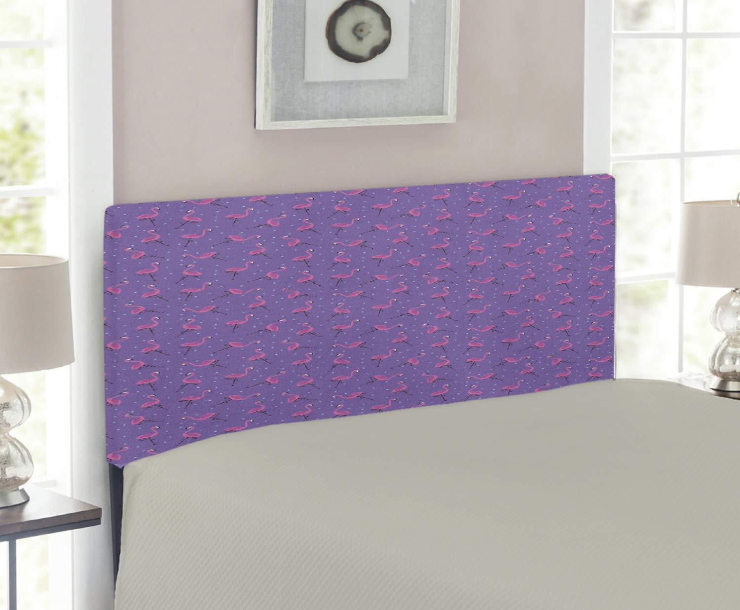 Ambesonne Flamingo Headboard - Twin Size Upholstered Decorative Metal Bed Headboard with Memory Foam, Purple Dotted Background & Pink Exotic Birds Design in Violet, Pink & Pale Blue | Perfect for Girls' Bedroom Decor & Tropical Themed Rooms