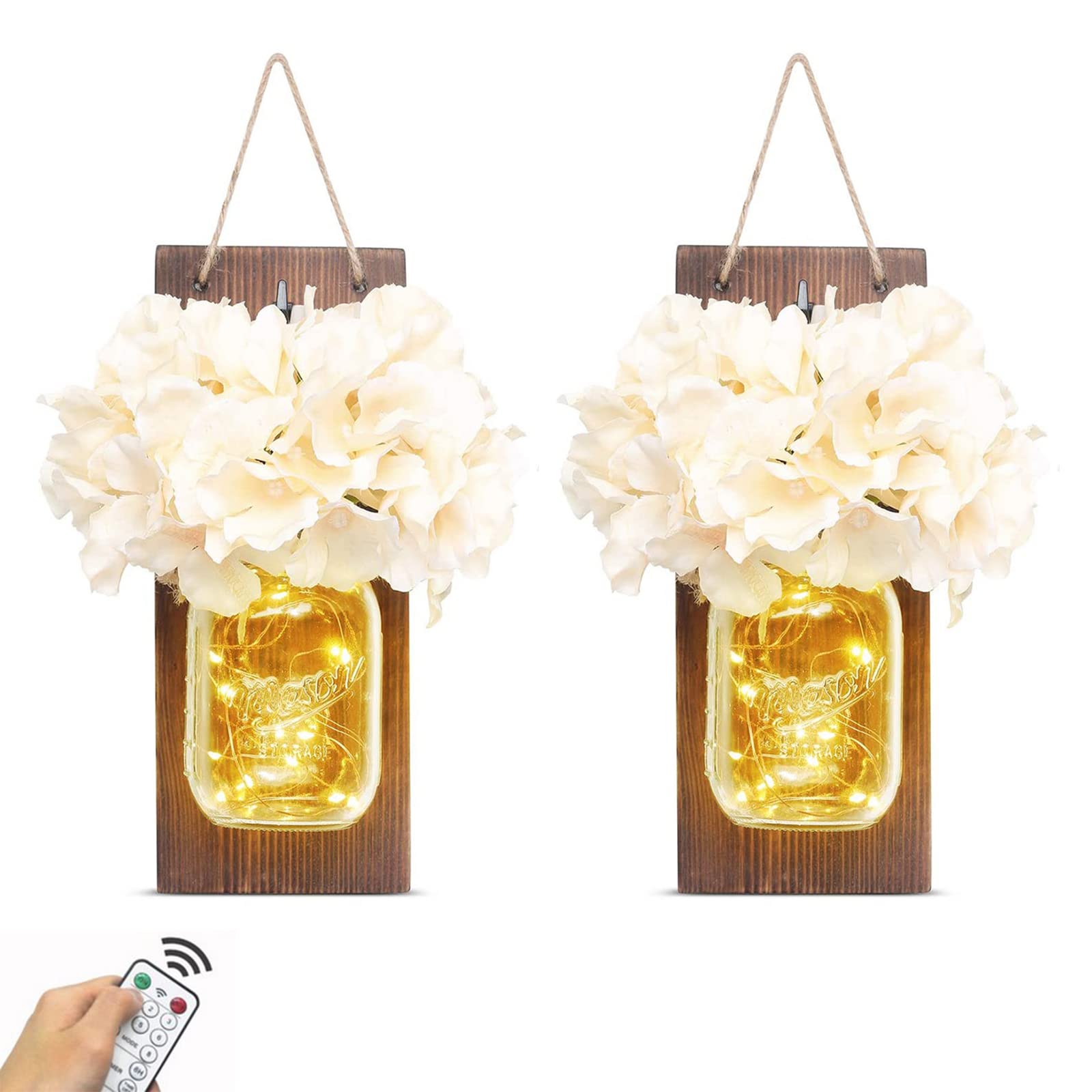 Remote Control LED Mason Jar Wall Sconces - 2 Pack Farmhouse Decor with Dimmable Lights for Living Room, Bedroom & Kitchen | Rustic Home Wall Decor, Easy Installation, Battery Operated