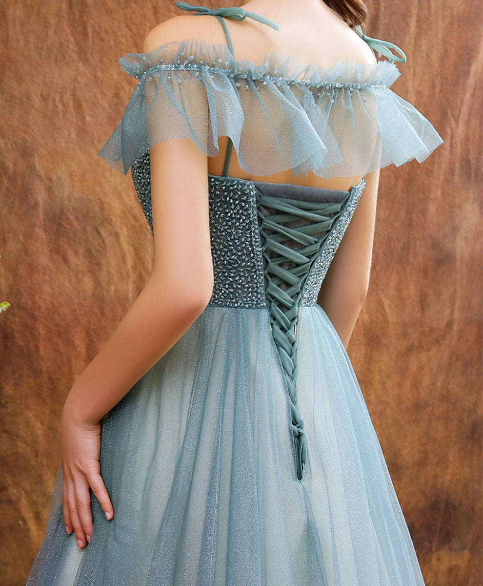 Elegant Long Green Prom Dress with Tulle Beads - Formal Evening Gown for Homecoming, Quinceañera & Special Occasions