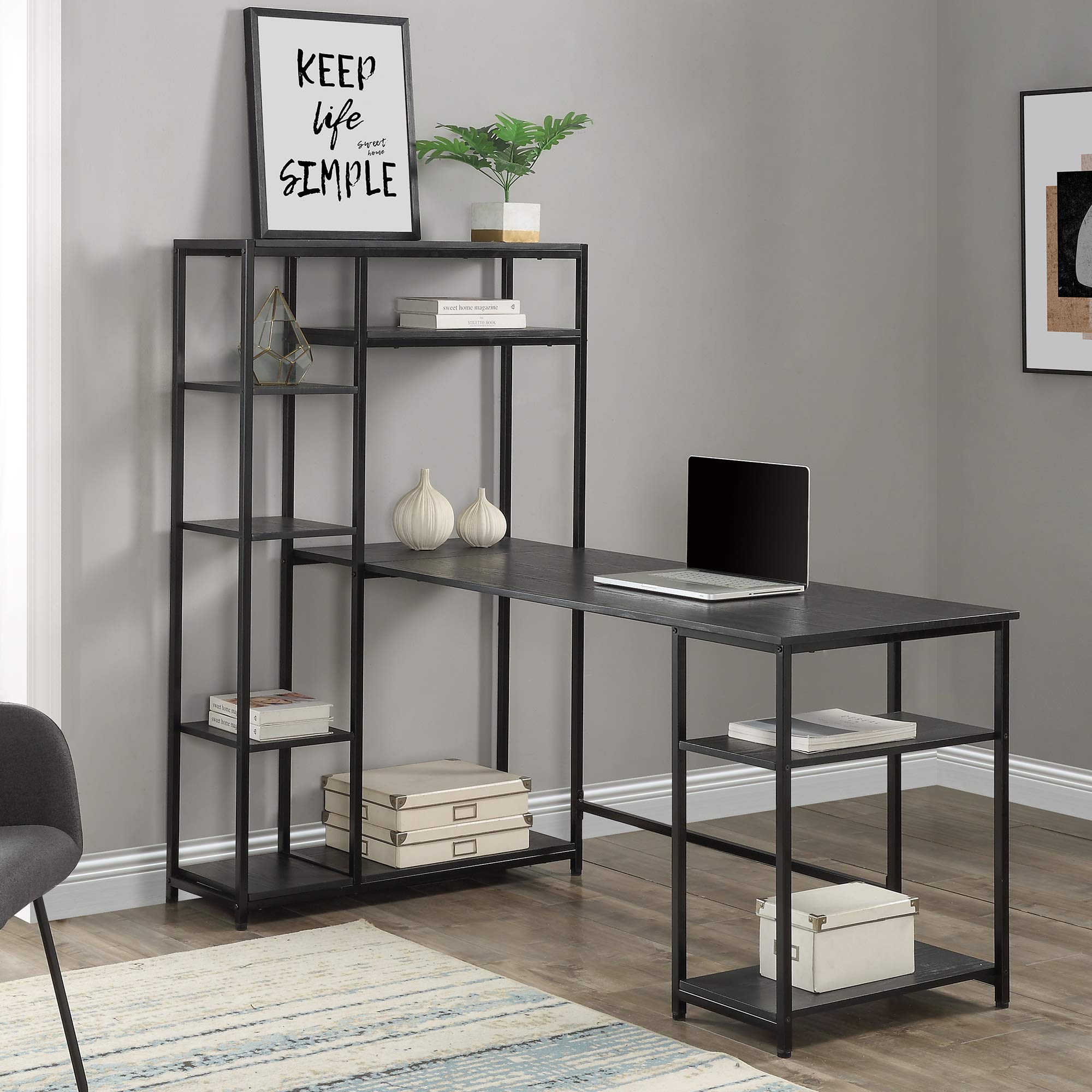 Modern Home Office Computer Desk with Multiple Storage Shelves & Bookshelf - Large Black Workstation for Remote Work, Study, and Organization | Perfect for Small Spaces & Professional Workspaces