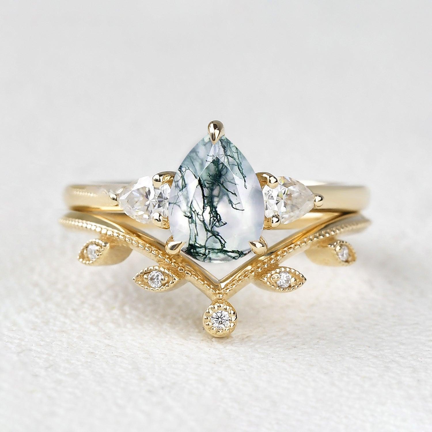 1.5ct Pear Shaped Moss Agate Three Stone Leafy Ring Set - 2 Piece Sterling Silver Jewelry for Wedding, Engagement & Anniversary Gifts