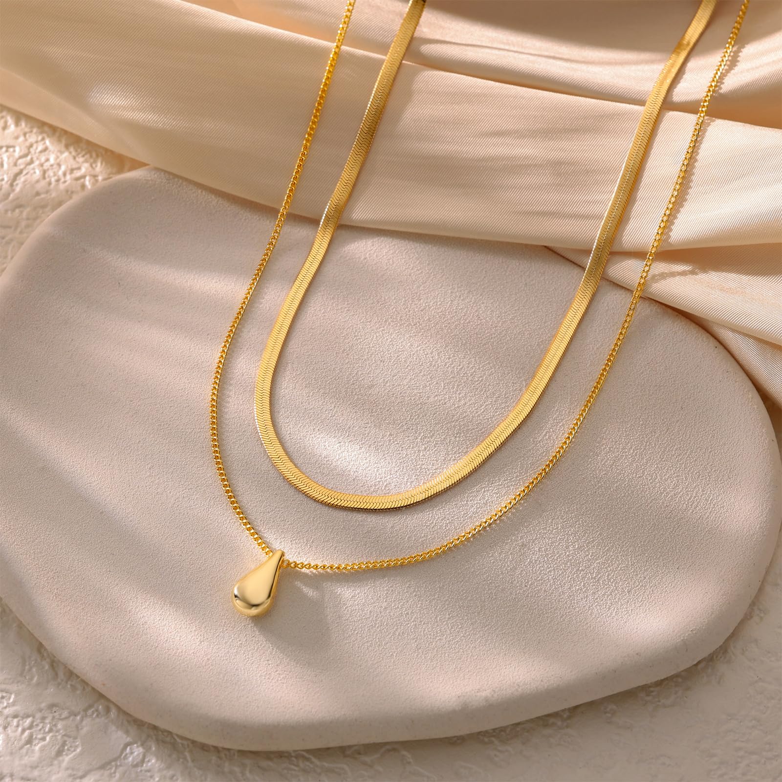 Trendy 14K Gold Plated & Silver Layered Necklaces for Women - Stackable Dainty Choker with Drop Pendant & Herringbone Necklace Set | Perfect for Layering, Everyday Wear, Date Nights & Gift Giving