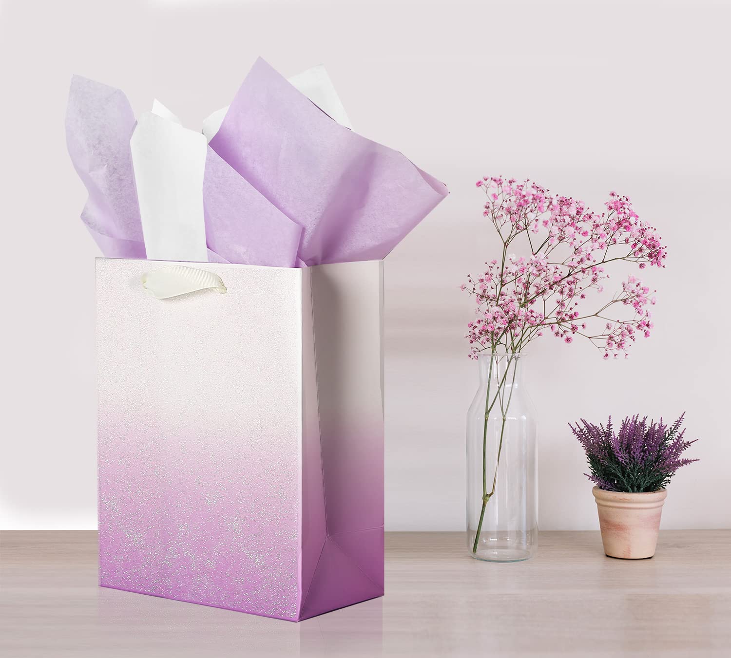 12Pcs Purple Glitter Ombre Gift Bags Bulk - 100% Recyclable Wrapping Paper Bags for Bridal Shower, Baby Shower, Wedding, Birthday Party Favors - Medium 9x7x4 inch - Perfect for Easter, Mother's Day & Thank You Gifts