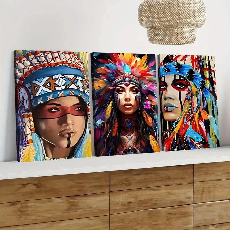3-Piece Aboriginal Chief Portrait Wall Art Set - Elegant Framed Canvas 40x60cm | High Quality Australian-Made Print | Ready to Hang | Perfect for Living Room, Bedroom & Office Decor