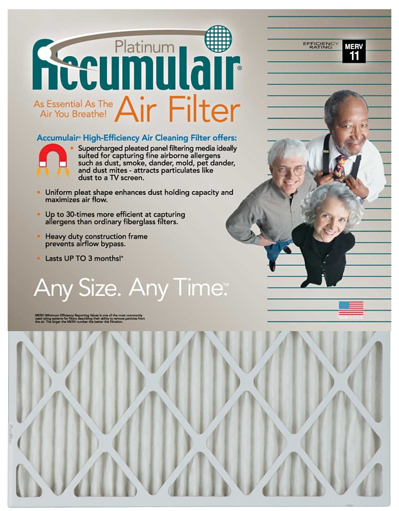 Accumulair Platinum 16.38x21.38x2 MERV 11 Air Filter - Furnace Filter Replacement for Home HVAC Systems - Improves Indoor Air Quality for Allergy Relief & Cleaner Air