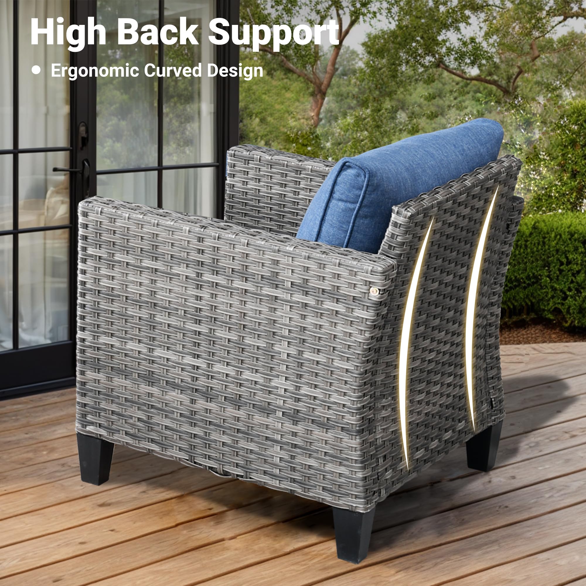 2-Piece Patio Chair Set - All-Weather Wicker Rattan Outdoor Chairs with Comfortable Cushions - High Back Porch Chairs for Balcony, Deck, Garden - Denim Blue - Perfect for Relaxing, Entertaining & Outdoor Dining