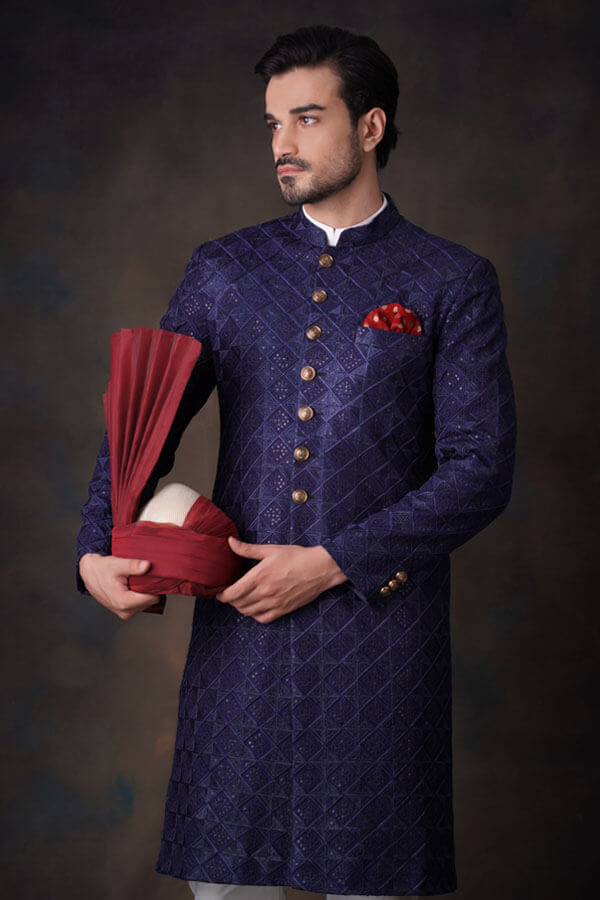 Jashan Midnight Blue Embroidered Sherwani Set for Men | Traditional Indian Wedding Outfit | Perfect for Groom, Festivals & Special Occasions