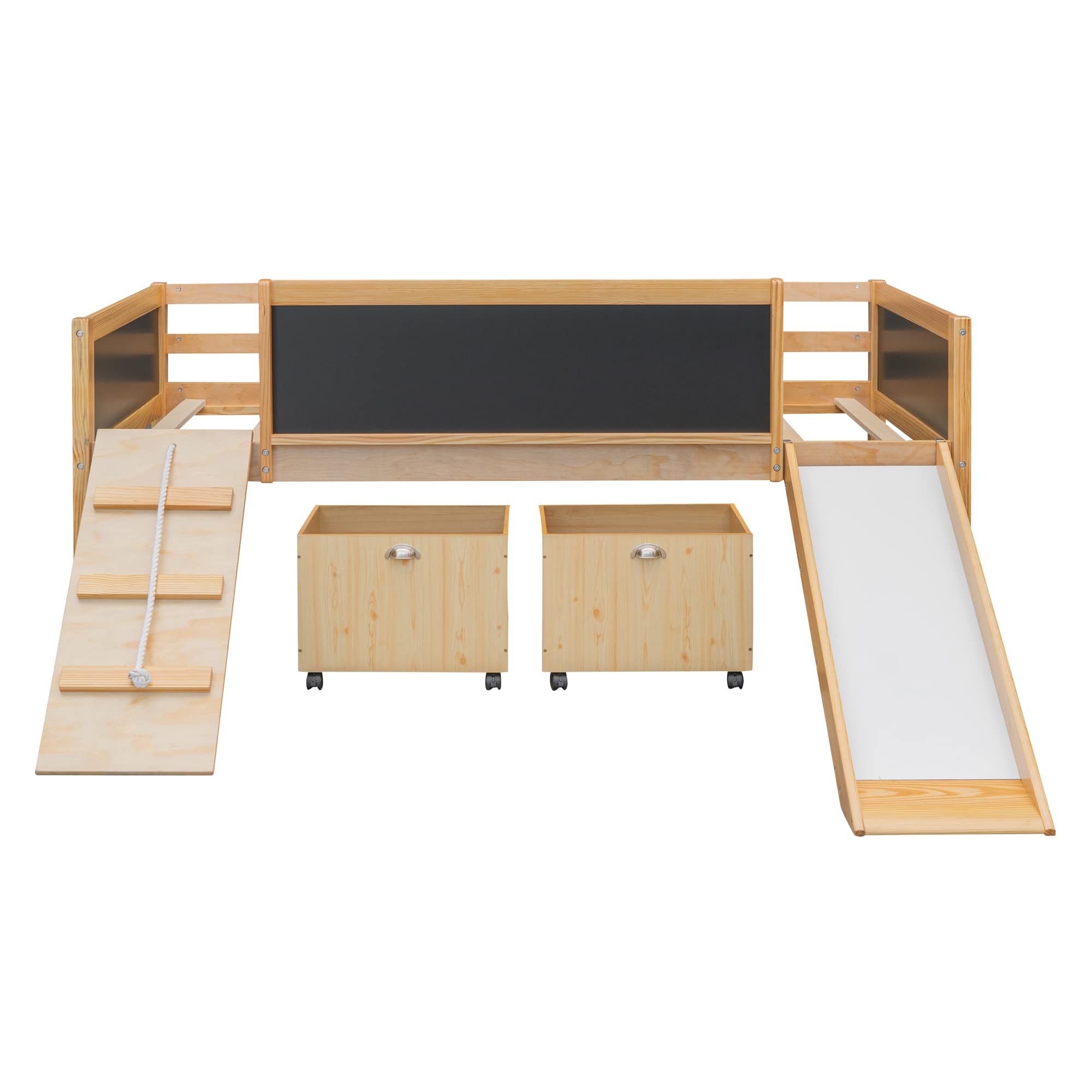 **Modern Twin Loft Bed for Kids with Slide, Storage Boxes, Climbing Ladder & Chalkboard - Multifunctional Low Loft Bed Frame for Boys & Girls - Perfect for Small Bedrooms, Playrooms & Kids' Spaces**