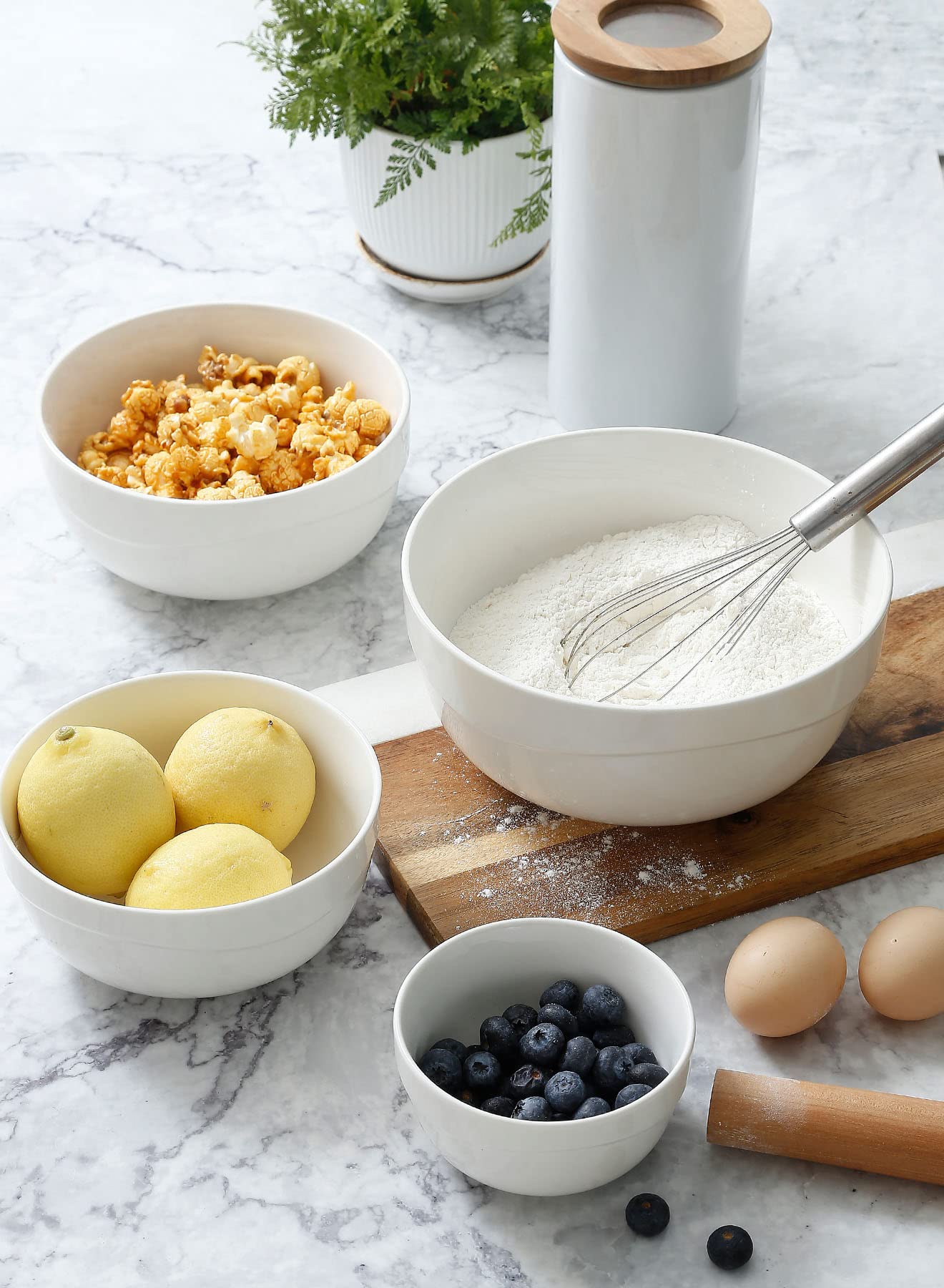 Onniyor 4-Piece Ceramic Mixing Bowls Set - 10, 25, 40 & 60 oz Thick Rimmed Non-Slip Kitchen Prep Bowls for Baking, Cooking, Serving & Food Storage - White