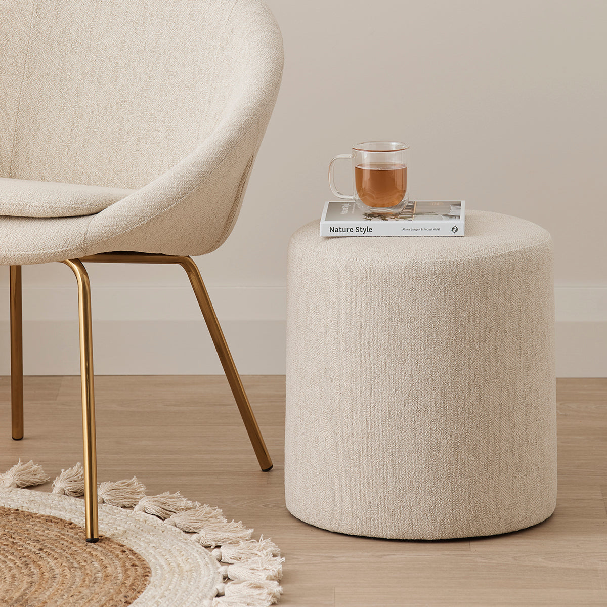 Juliette Ottoman Stool 40cm - Round Tufted Footrest Pouf with Wooden Legs for Living Room, Bedroom, and Nursery Decor