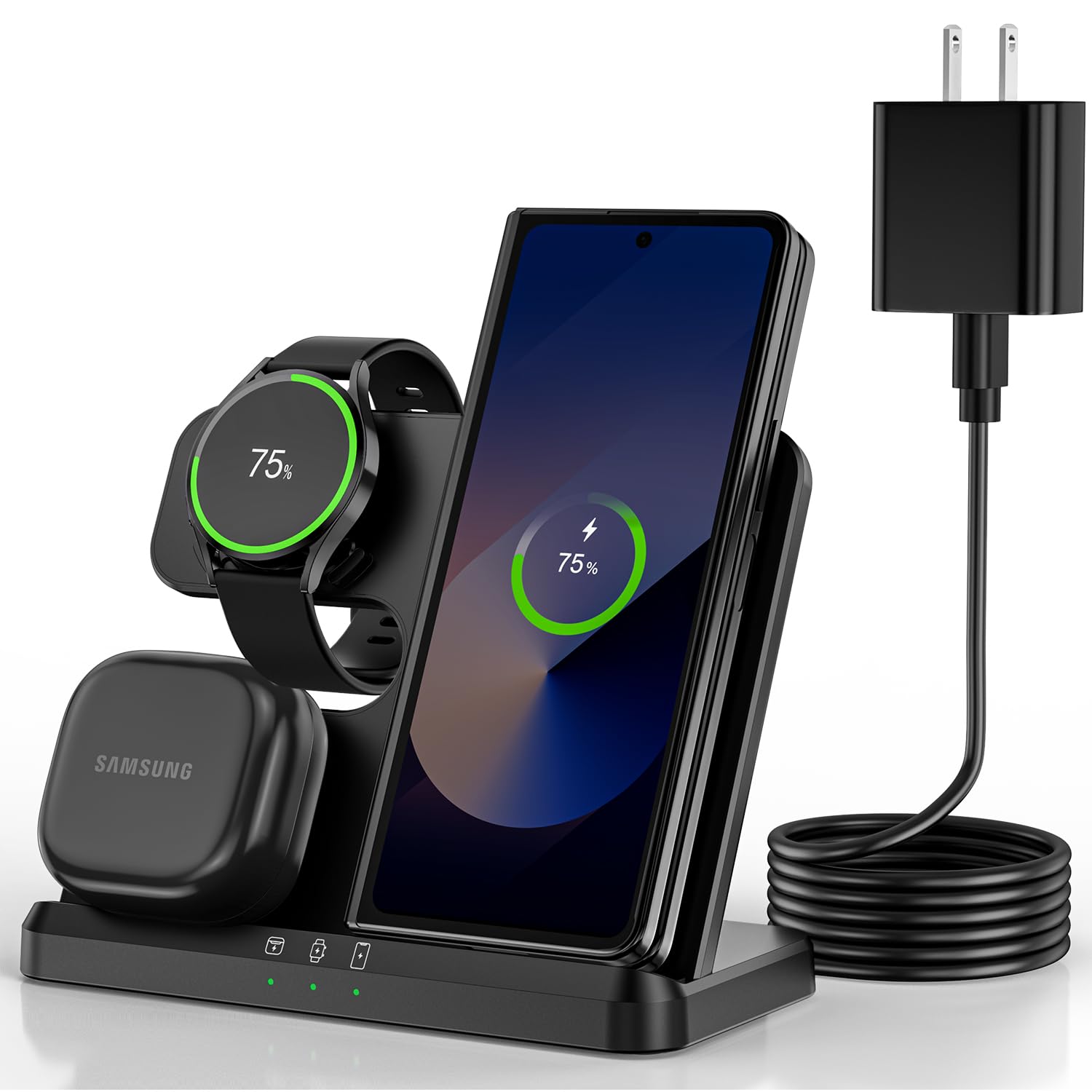 18W Fast Wireless Charger for Samsung Galaxy S25/S24/S23/Z Fold 6/Flip 6/Buds & Watch 7/6/5/4/3 | 3-in-1 Charging Station | Perfect for Office Desk, Home Nightstand, Bedside Table & Travel Use