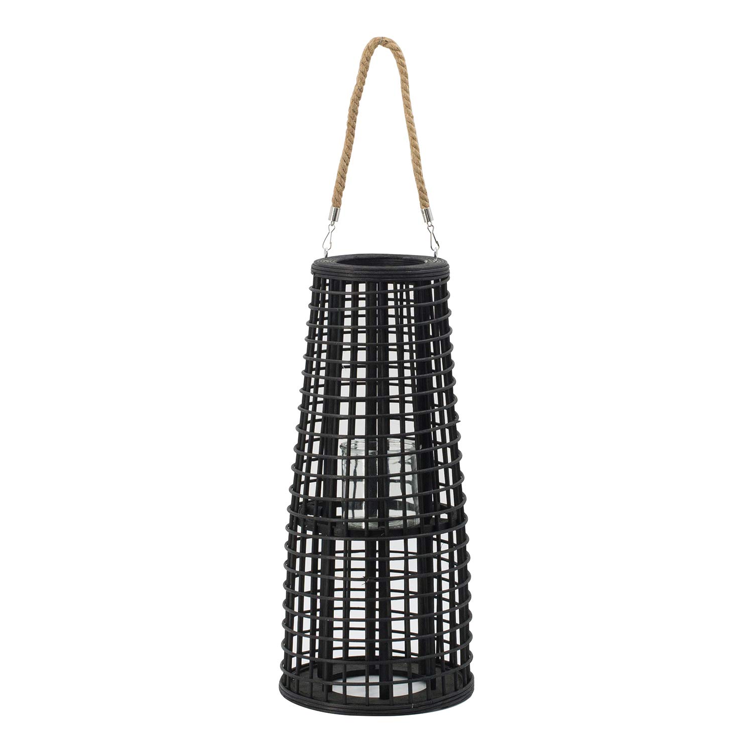 A&B Home Small Black Hanging Rattan Lantern - Decorative Pendant Light with Hemp Rope Handle for Flameless, LED, or Wax Candles (9.5x21 Inch) - Perfect for Patio, Garden, Porch, and Indoor Boho Decor