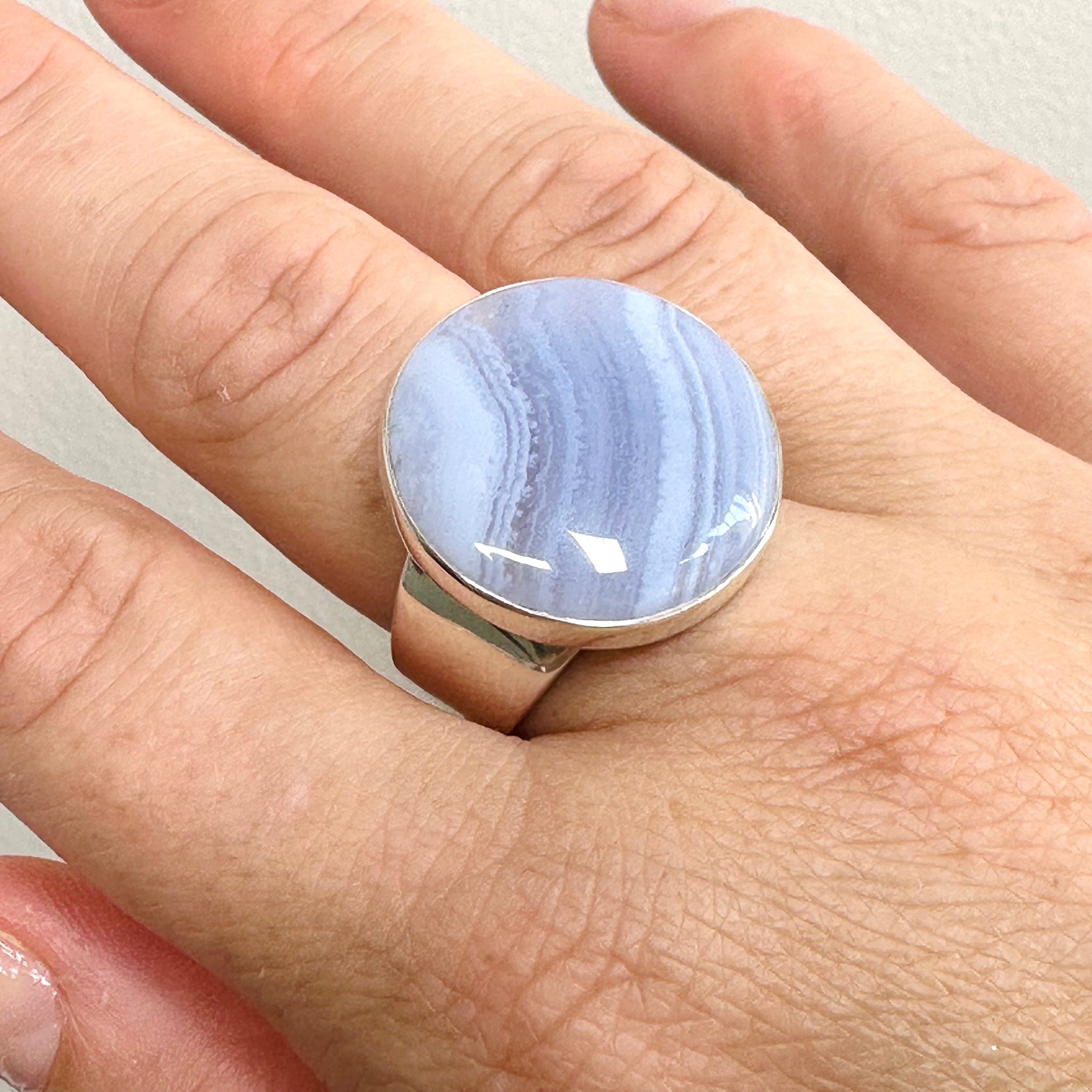 Blue Lace Agate Round Cabochon Ring - Size 11 - KRGJ3371 - Elegant Handmade Jewelry for Women, Perfect for Weddings, Parties & Everyday Wear