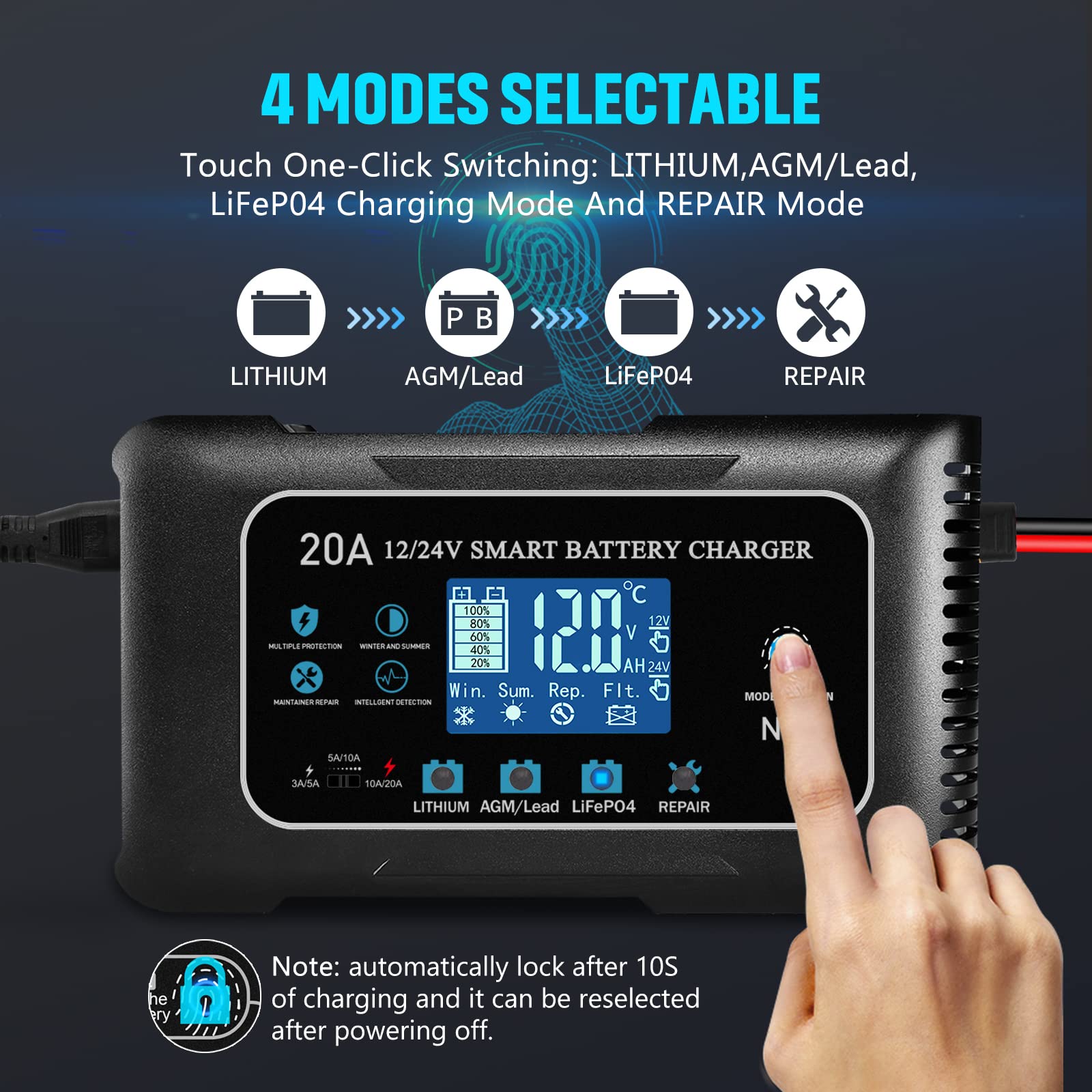 20A LiFePO4 Lithium & AGM Gel Smart Battery Charger - 12V/20A & 24V/10A Trickle Charger Maintainer for Car, Boat, Motorcycle, Lawn Mower - Perfect for RV, Marine, ATV & Seasonal Vehicle Storage