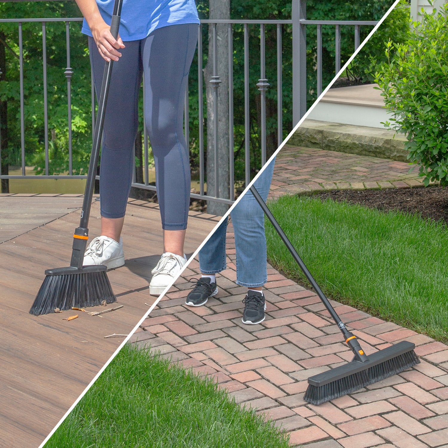 Heavy Duty Push Broom & Angle Broom Bundle with 2 Handles - Indoor/Outdoor Cleaning for Floors, Sidewalks & Garages