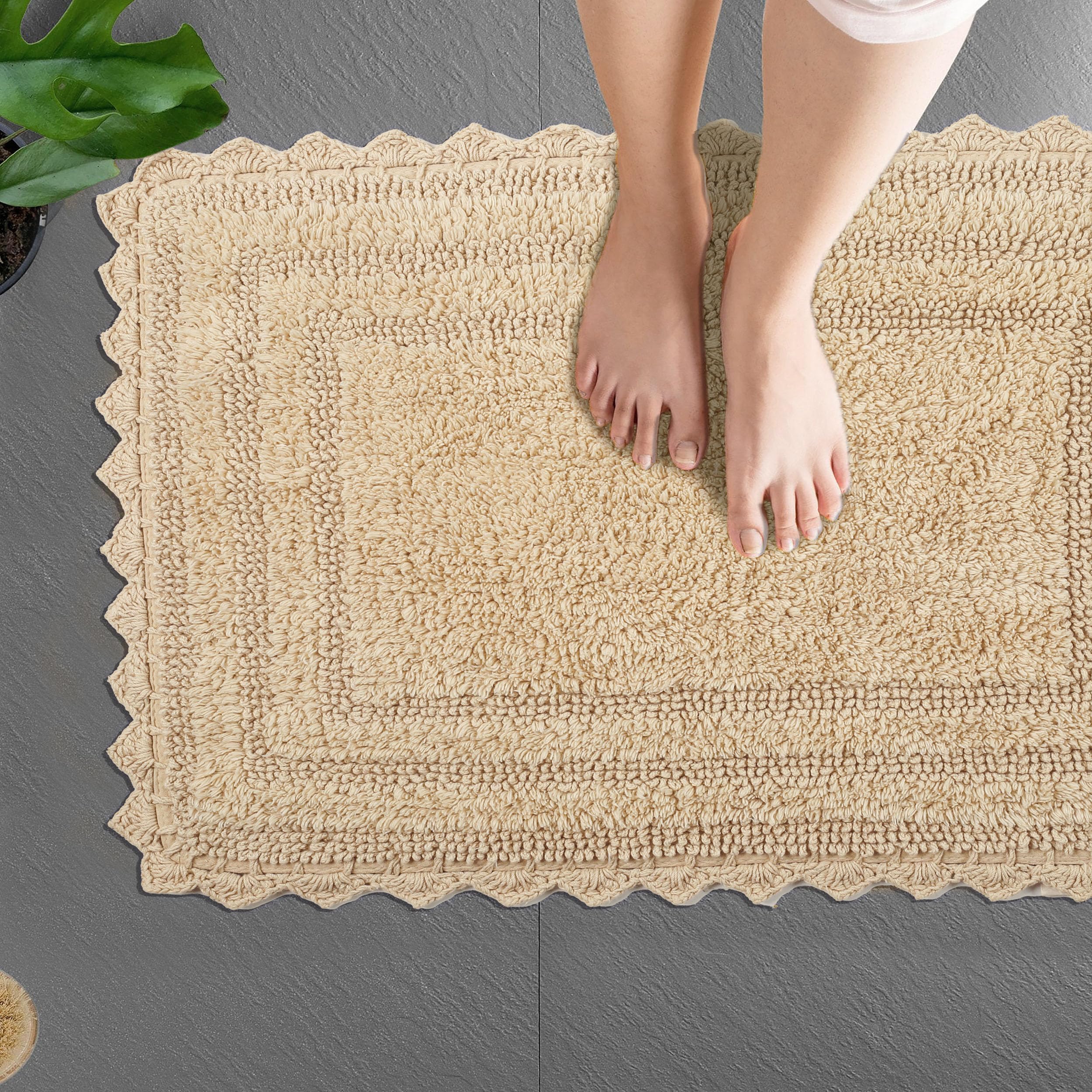 TreeWool 2-Pack Soft Cotton Bath Mat with Crochet Border - Reversible Non-Slip Bathroom Rug, 19