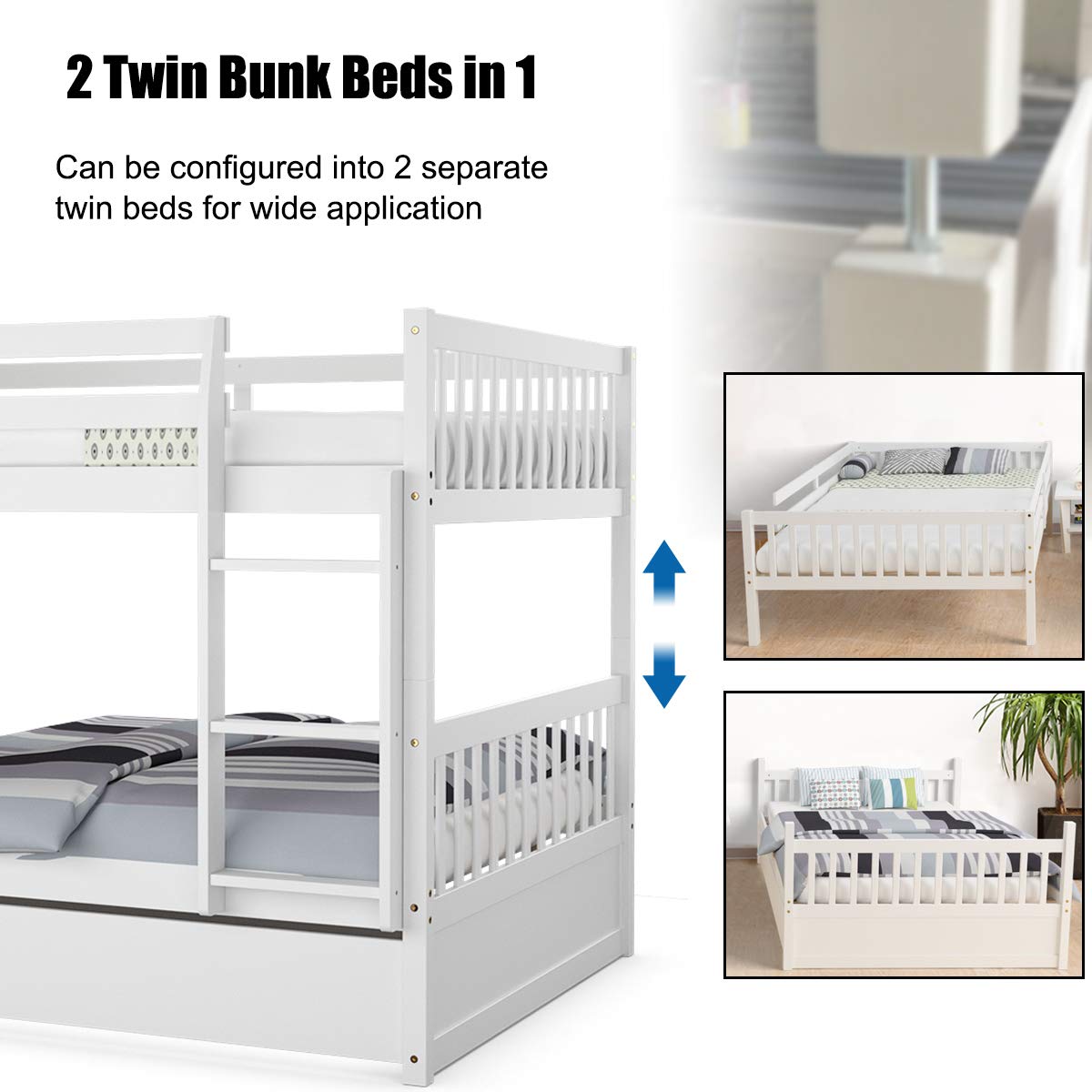 KOMFOTT Solid Wood Full Over Full Bunk Bed with Trundle - Sturdy Bunk Bed Frame with Ladder & Safety Guardrails - Space-Saving Bunk Bed for Teens, Adults & Guest Rooms - No Box Spring Needed - Perfect for Small Bedrooms, Dorms & Vacation Homes