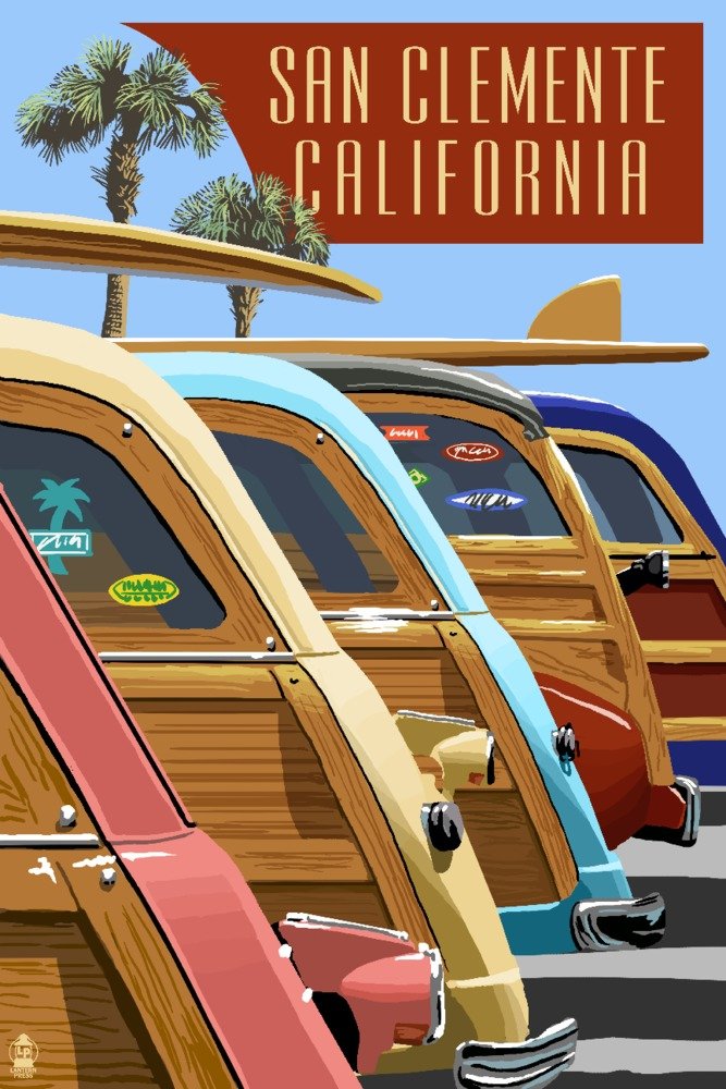 San Clemente California Woodies Surfing Vintage Poster - 12x18 Inch Wall Art Decor for Beach House, Surf Shack & Coastal Living Room