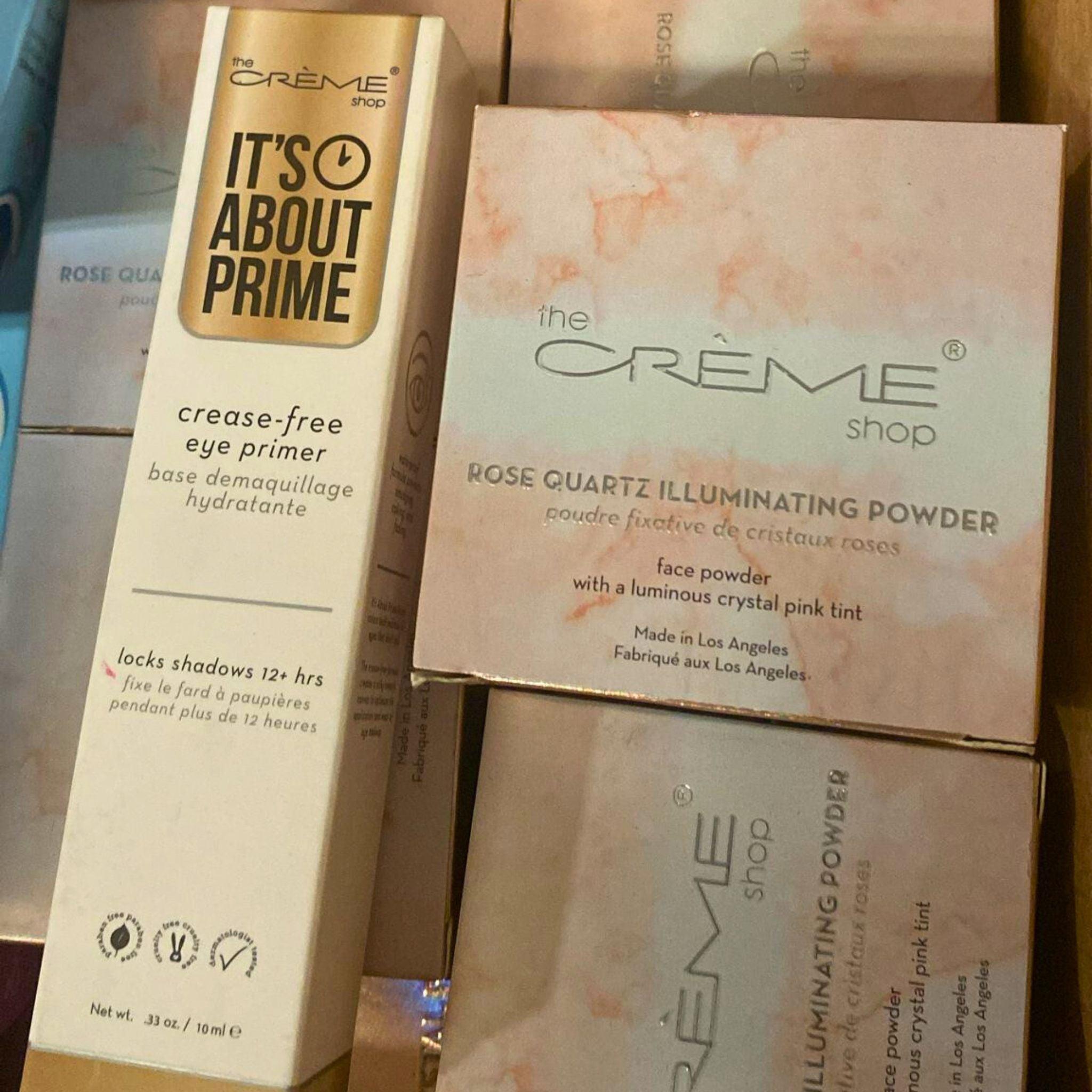 The Creme Shop Prime Crease Free Eye Primer & Rose Quartz Illuminating Face Powder - 60 Pcs Set for Flawless Makeup Application | Perfect for Daily Use, Special Occasions & Professional Makeup Artists