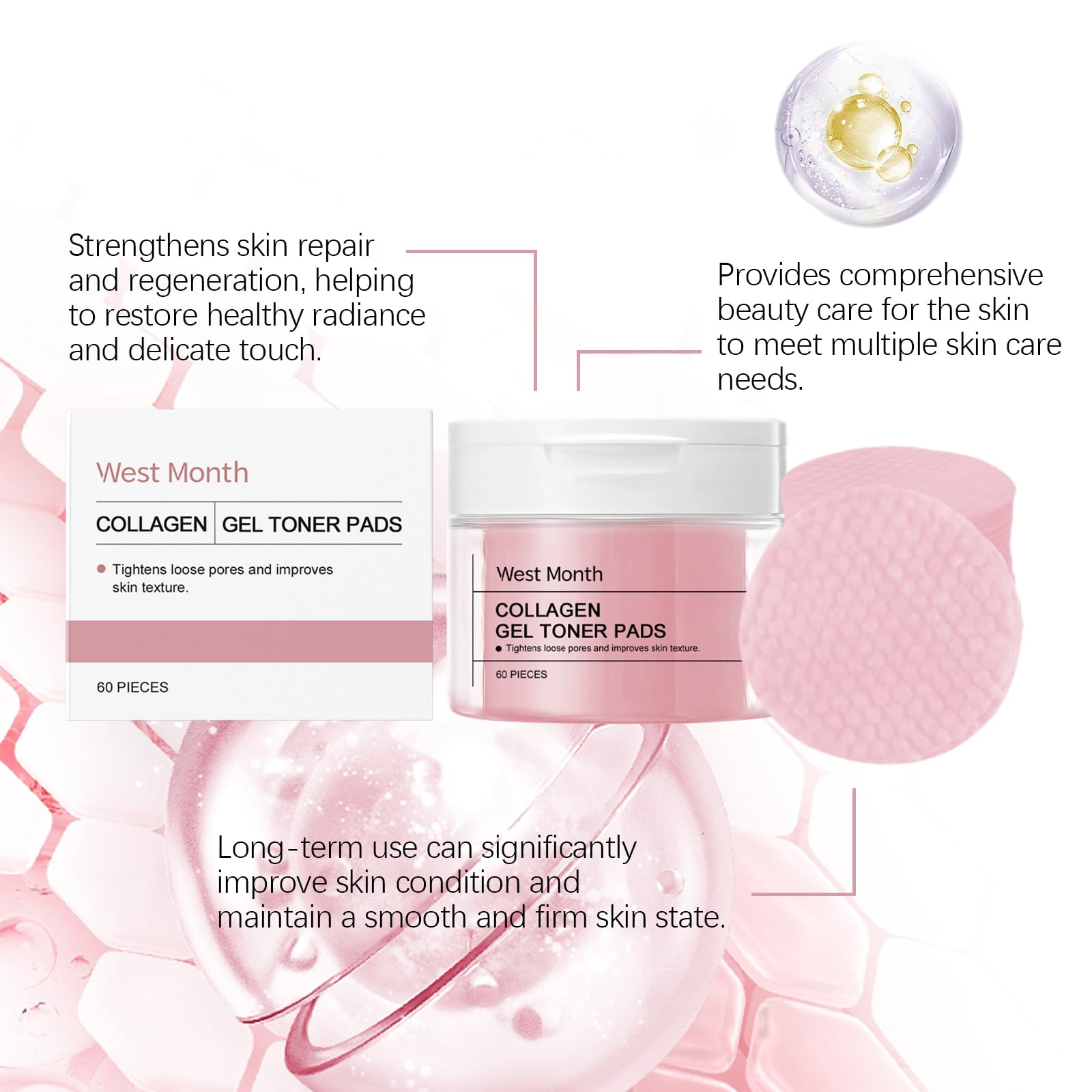 Collagen Gel Toner Pads with Hyaluronic Acid & Panthenol - Korean Moisturizing Facial Cleansing Wipes for Sensitive Skin (60 Pads) - Perfect for Daily Skincare Routine & Post-Workout Refreshment