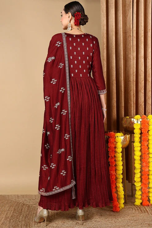 Elegant Maroon Silk Blend Embroidered Anarkali Suit Set for Women | Diwali & Festival Wear | Party, Wedding & Special Occasion Outfit