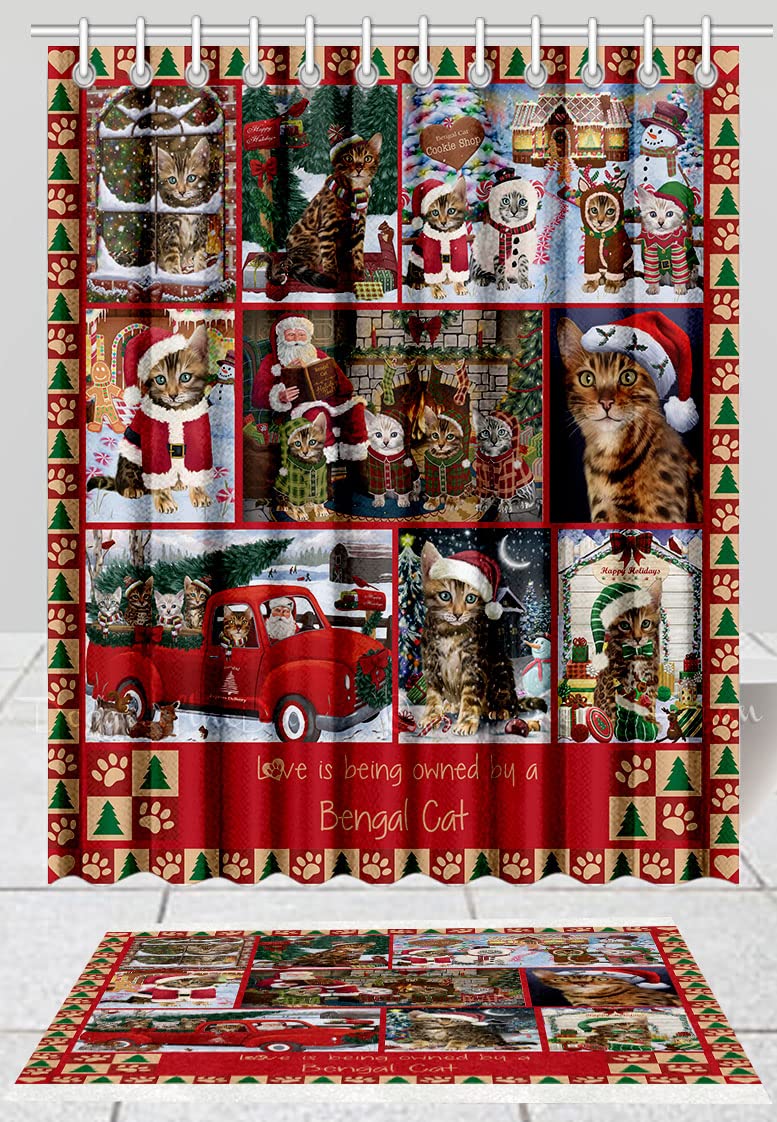 Christmas Bengal Cats Shower Curtain & Bath Mat Set - Anti-Slip Bathroom Decor with Hooks, Plush Polyester Rug (Mat 16