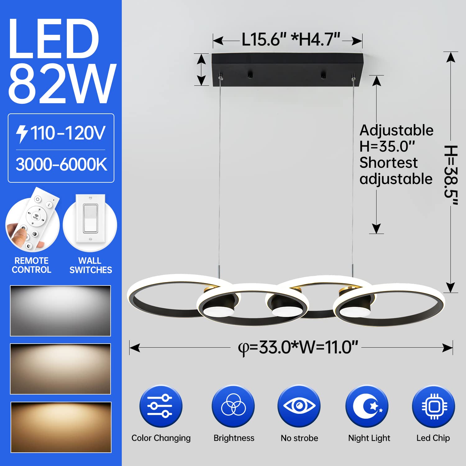 Modern 33-inch Black LED Chandelier Ceiling Light - 82W Dimmable Pendant Light with Remote Control (3000-6000K) - Perfect for Dining Room, Kitchen Island & Living Room Lighting