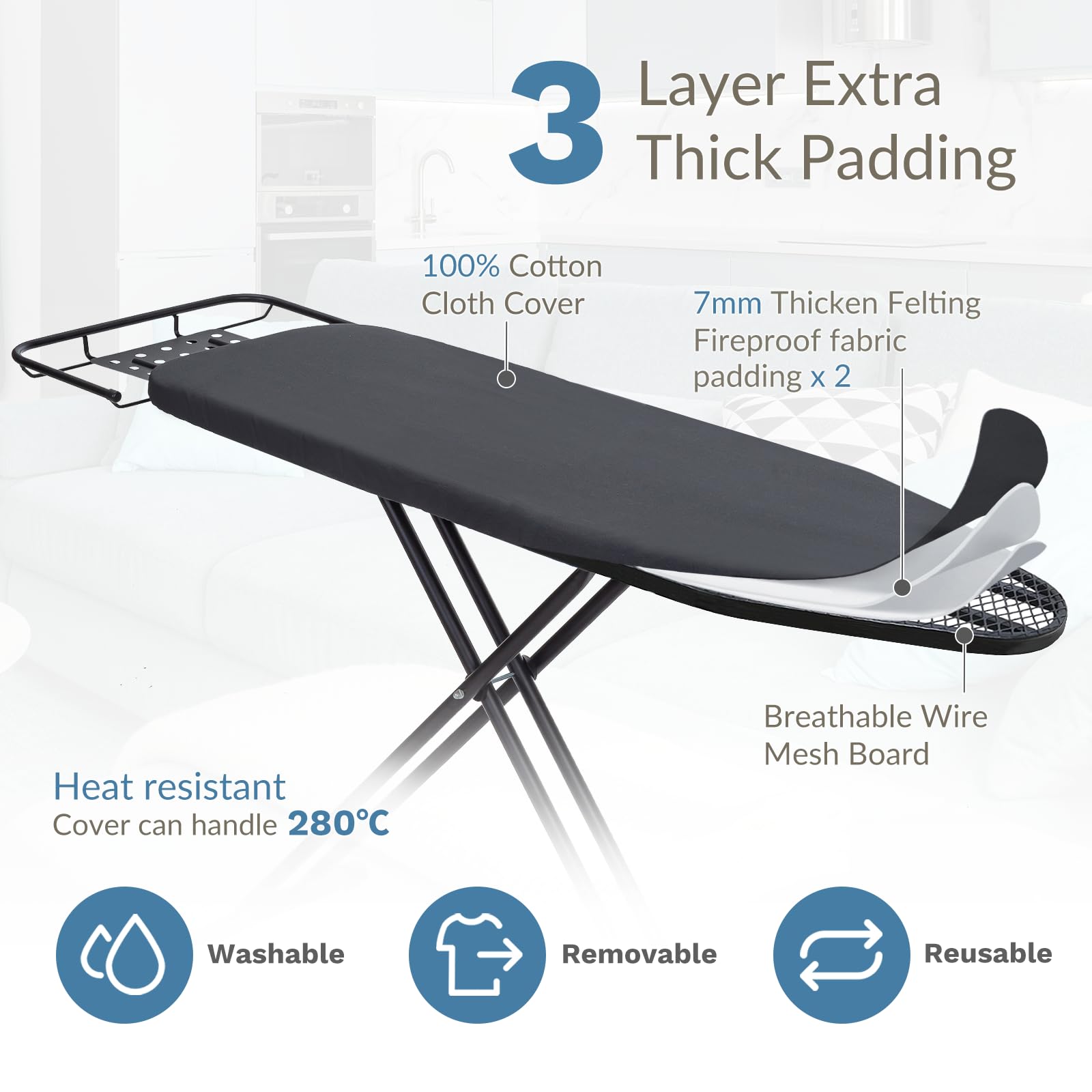Premium Heavy Duty Ironing Board 48x15 Inches with Retractable Iron Rest - Extra Wide Sturdy Frame, Thick Padding Cover & Height Adjustable - Perfect for Home, Laundry Room or Tailor Shop (Black)