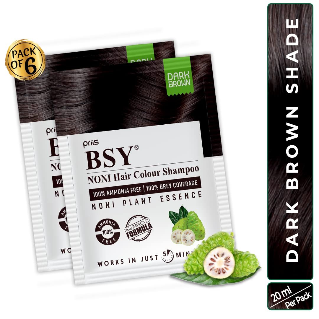 BSY Noni Dark Brown Hair Color Shampoo (20ml x 6 Pack) | Ammonia-Free Permanent Hair Dye for Men & Women | Natural Noni Fruit Extract | Quick 5-Minute Coloring | Perfect for Home Use, Travel & Touch-Ups