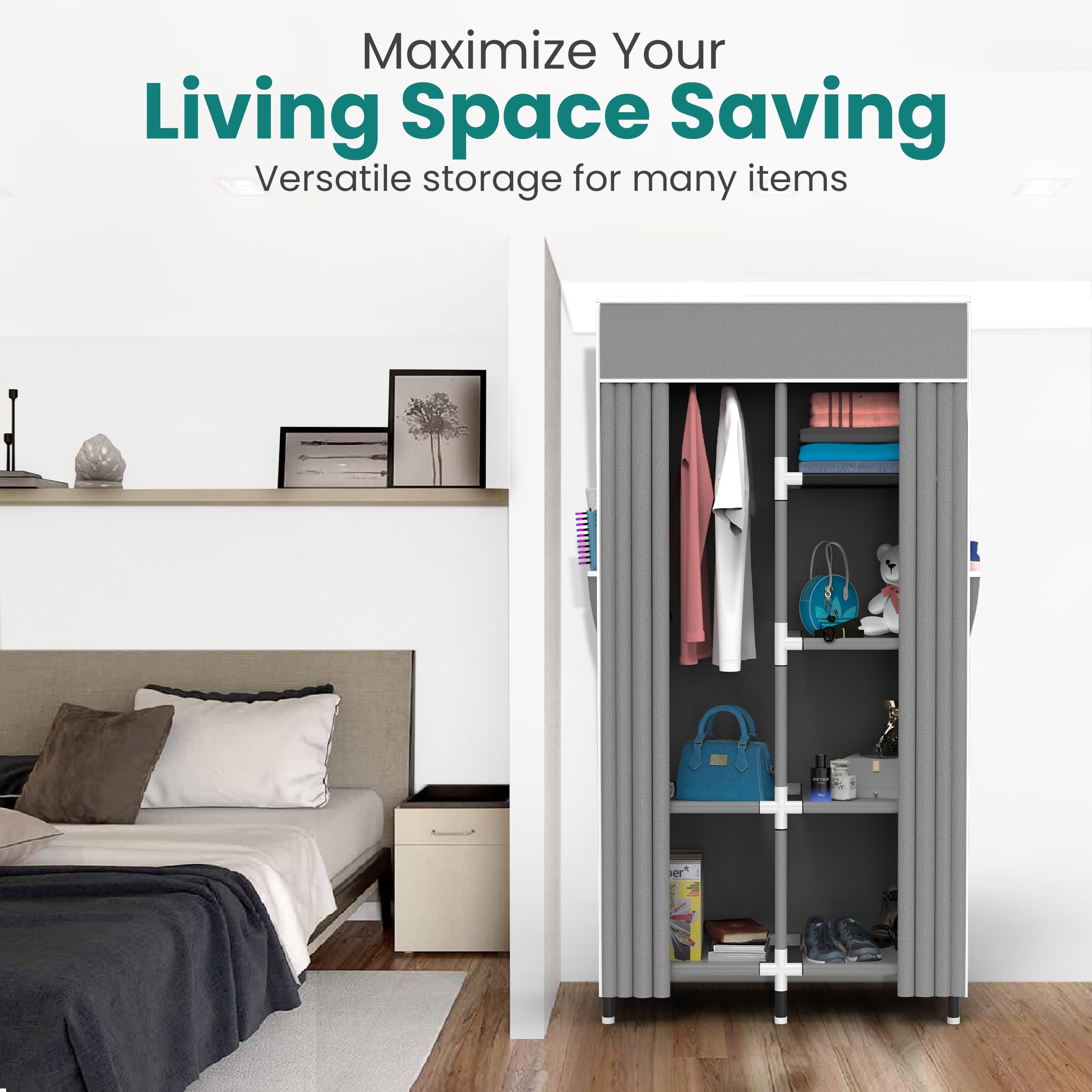 Portable Closet Wardrobe Organizer with 6 Shelves & Hanging Rack - Compact Clothes Storage for Small Spaces | Perfect for Apartments, Dorms, Travel & Seasonal Clothing Organization (Grey, Small)