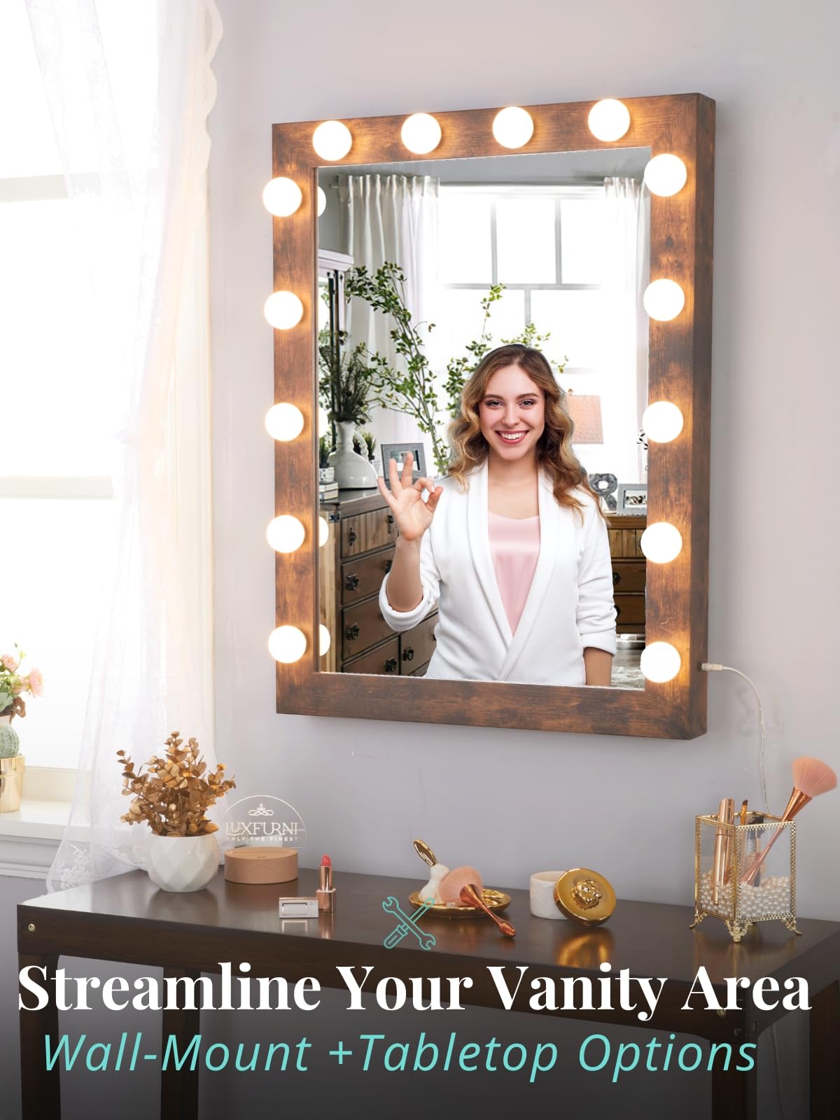 LUXFURNI 24x32 Inch Hollywood Vanity Mirror with 14 Dimmable LED Lights - Rustic Brown Makeup Mirror for Dressing Table, Wall Mount or Desktop - Perfect for Home Beauty Salon, Bridal Dressing Room & Bedroom Decor