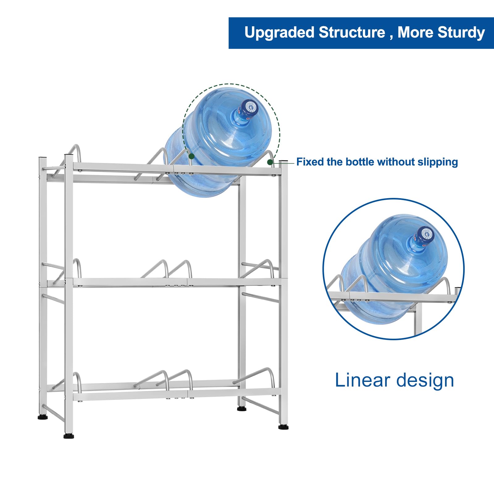 5 Gallon Water Jug Rack - Heavy Duty 3-Tier Storage Stand for Small Spaces & Room Corners - Holds 6 Bottles (Silver) - Perfect for Home & Office Hydration Stations
