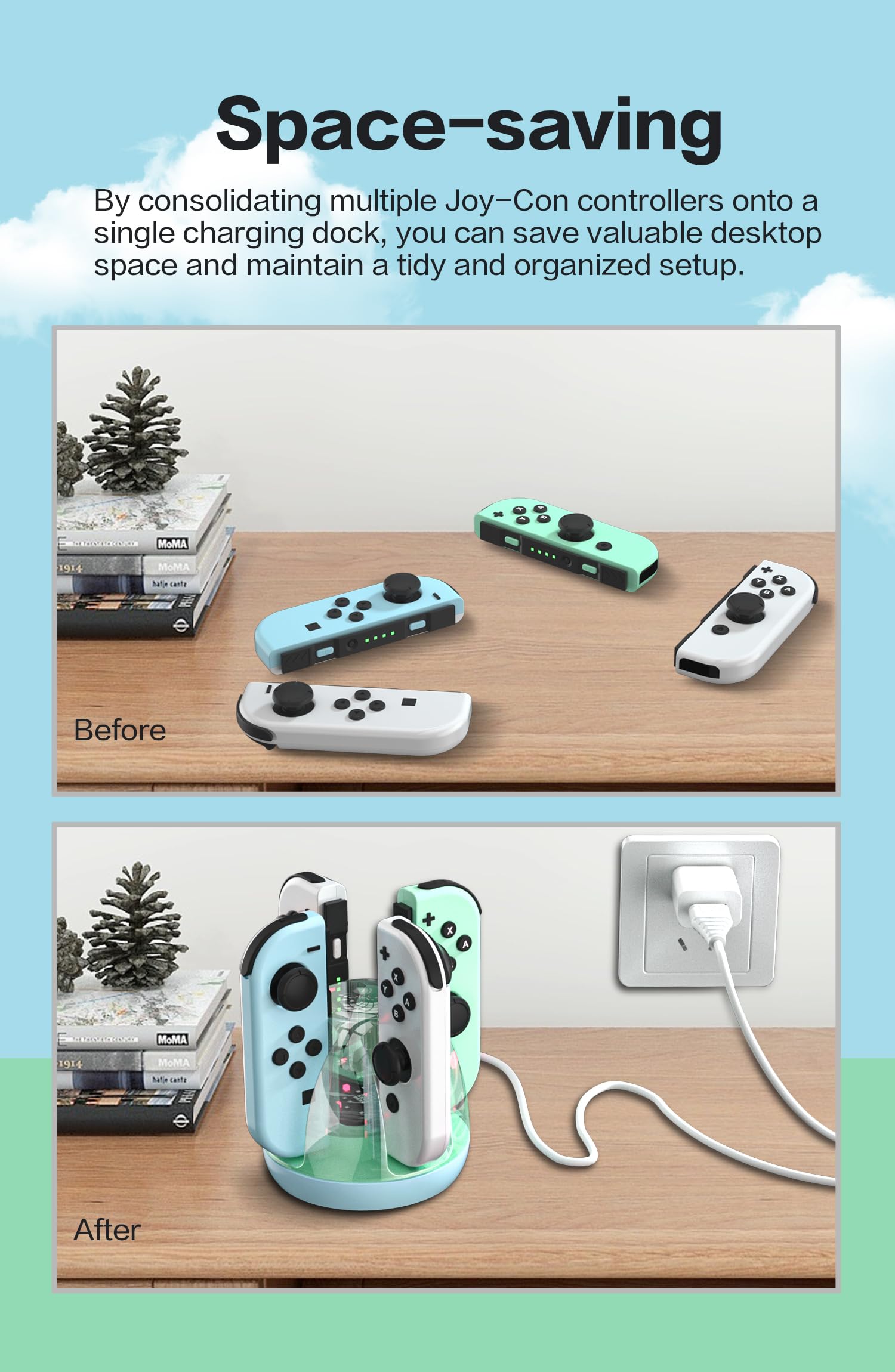 Nintendo Switch Joy-Con Charger Stand - Fast Charging Dock for Switch & Switch OLED Controllers with LED Indicator & USB Cable (Blue Green) - Perfect for Gaming Sessions & Multiplayer Setups