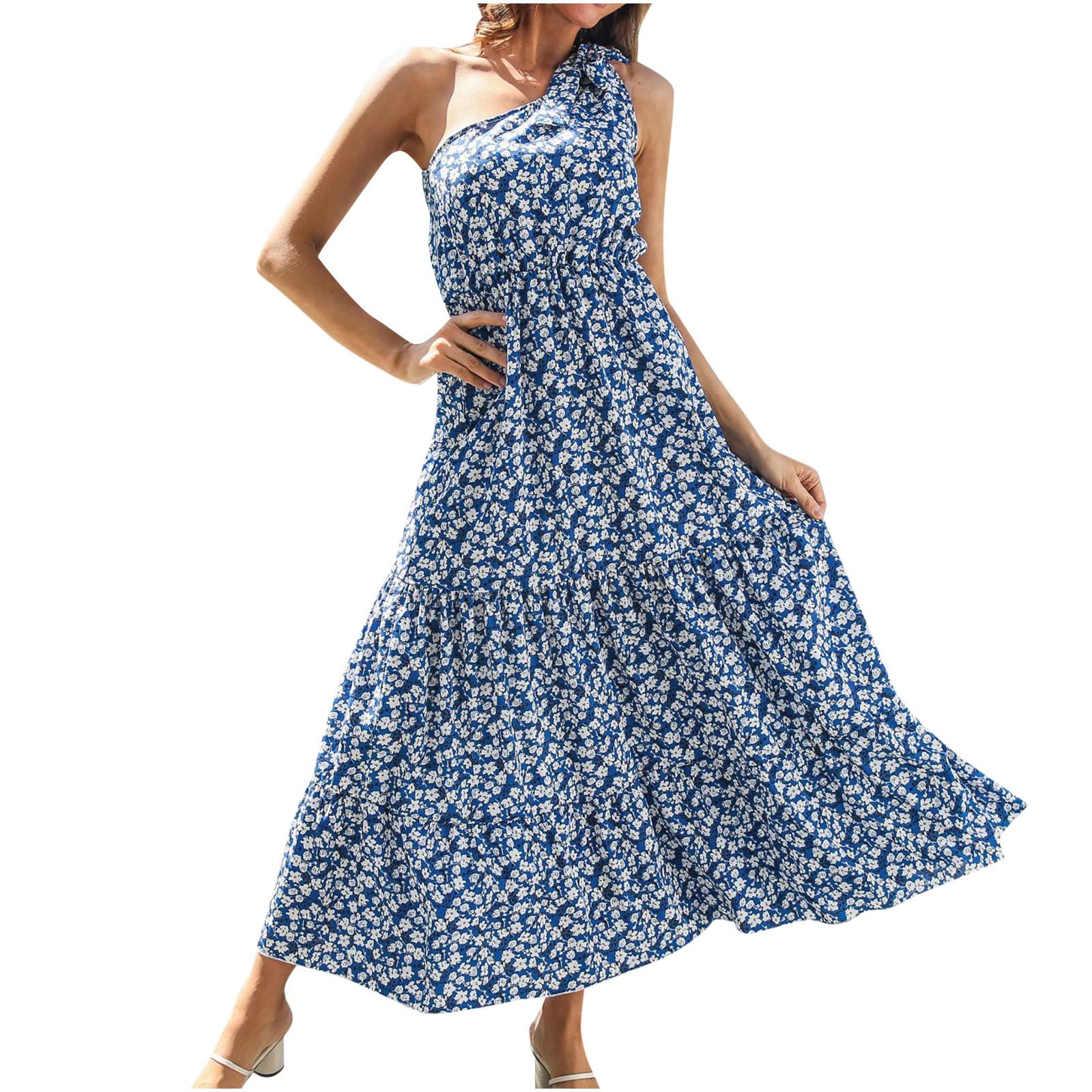 Boho Summer One Shoulder Dress for Women - Floral Printed Tiered Ruffle Sleeveless Maxi Dress | Beach Party, Vacation, Date Night Outfit