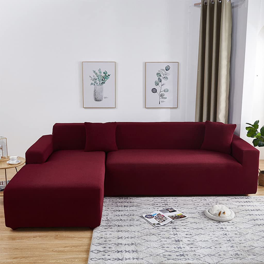 Premium Anti-Wrinkle Waterproof Sofa Slipcover - Thick Plush L-Shaped Stretch Couch Cover with Full Protection (Wine Red, Fits Sectional Sofas) - Perfect for Living Room, Family Room & Pet-Friendly Homes