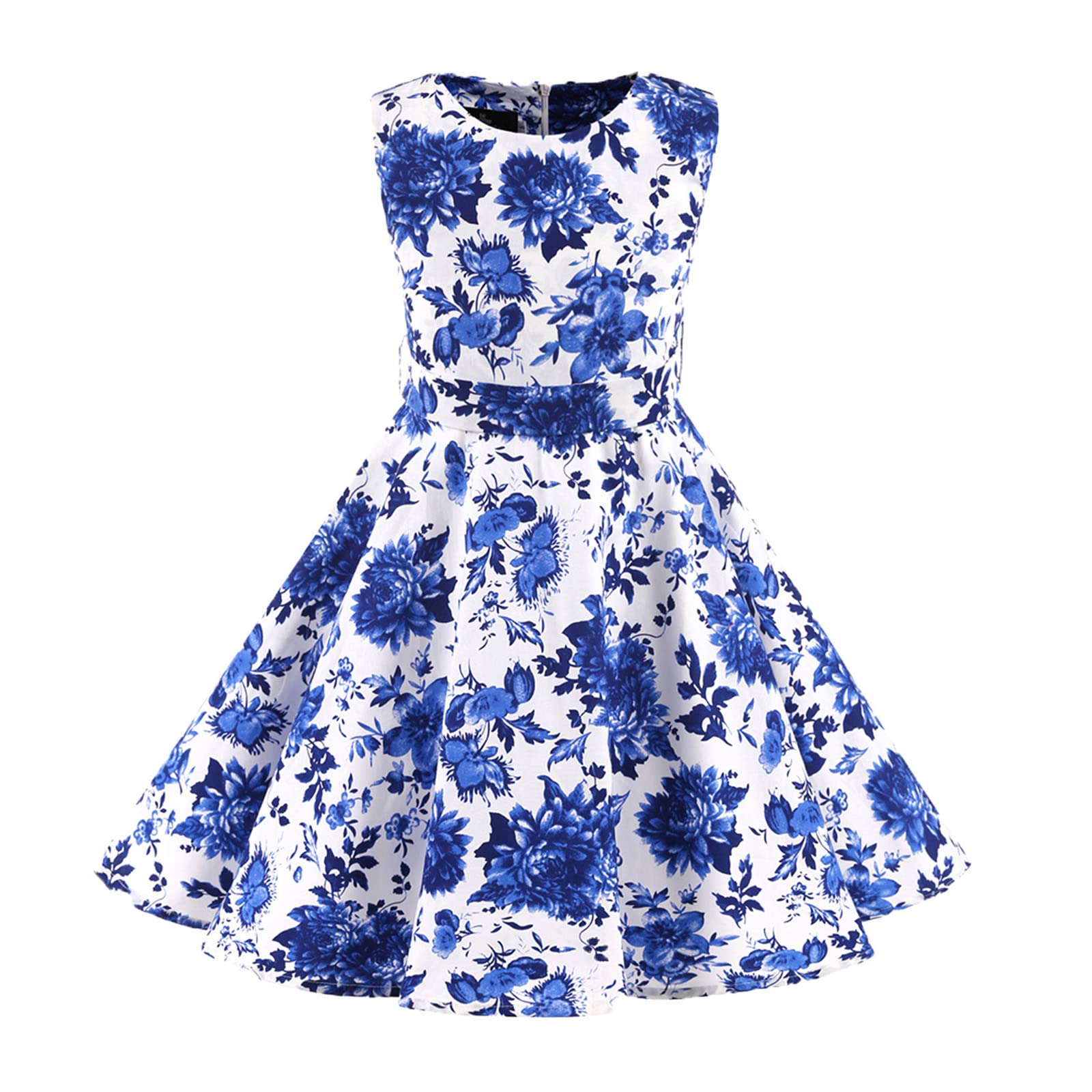 Girls' Sleeveless Floral Dot Print Princess Gown Dress for School, Party & Special Occasions | Kids' Formal Wear & Birthday Outfit