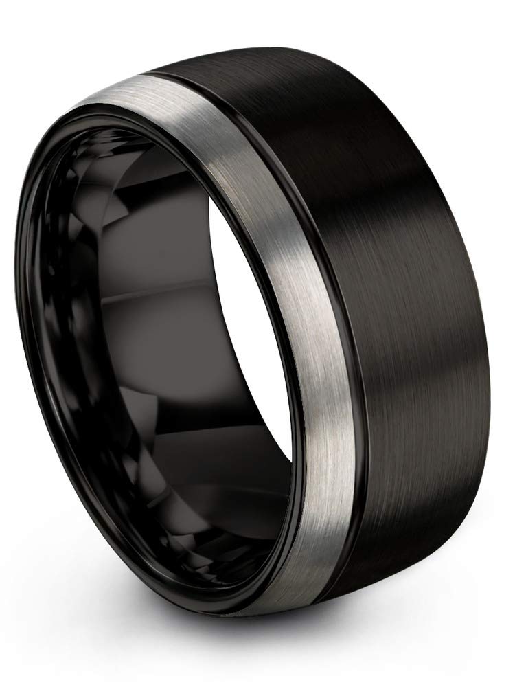10mm Tungsten Carbide Wedding Band Ring for Men & Women - Blue Black Offset Line, Dome Grey Exterior, Half Brushed & Polished - Custom Engraved Anniversary & Engagement Ring for Couples (Perfect for Weddings, Proposals & Romantic Gifts)