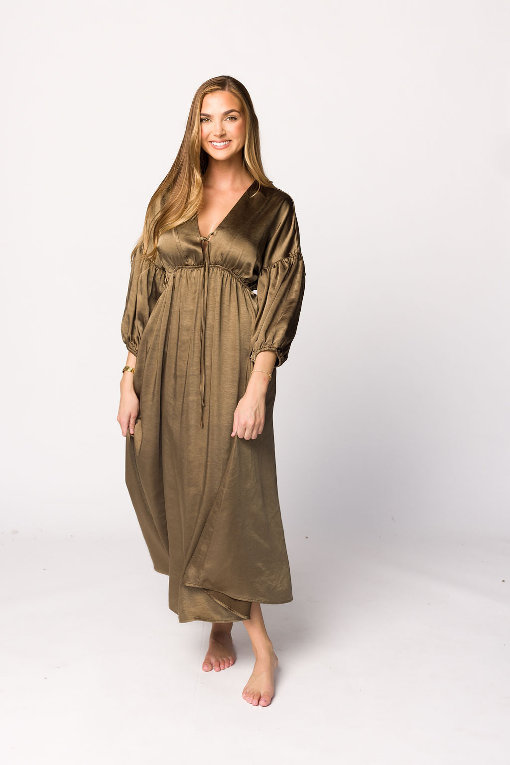Hunter Premium Satin Midi Dress in Tapenade - Bump Friendly Maternity Dress for Special Occasions & Date Nights