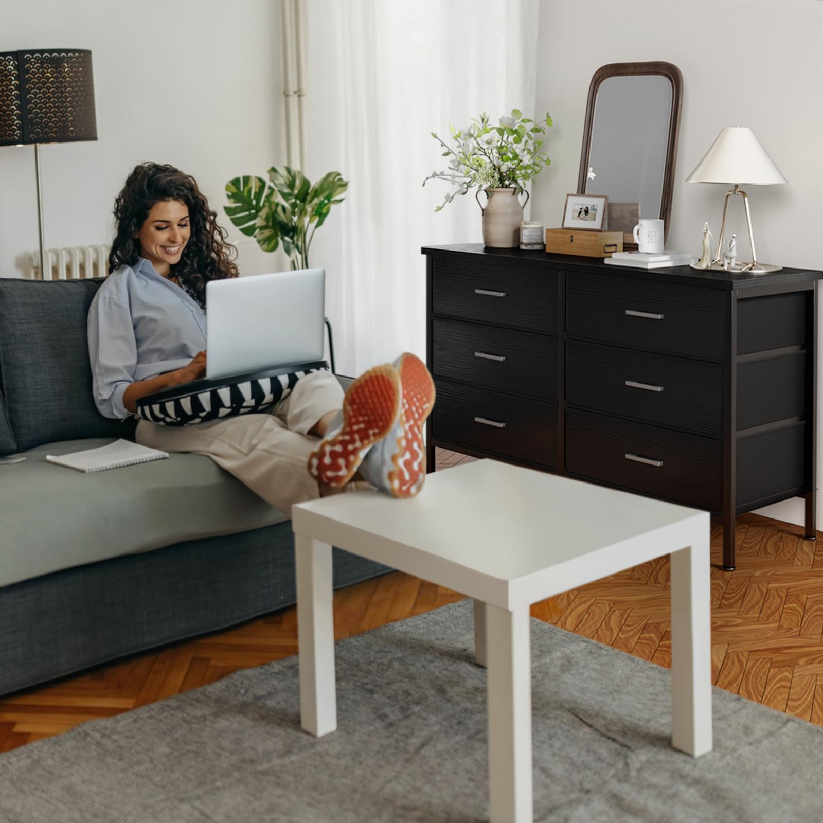Modern 6-Drawer Wide Black Dresser for Bedroom - Sturdy TV Stand Fits 60