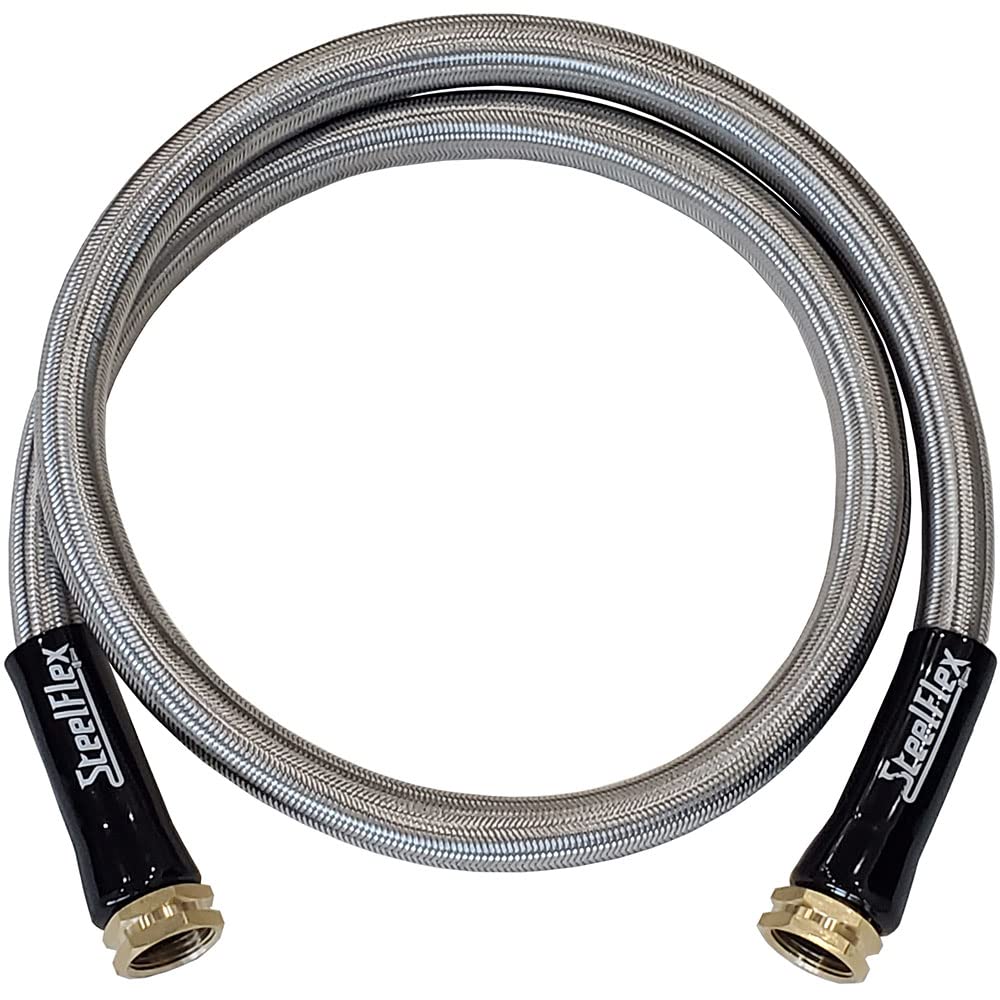 SteelFlex 3/4 Inch Female to Female Hose Adapter - Heavy Duty Stainless Steel Braided High Pressure Water Connector for Garden Hose Reel, RV, Washing Machine & Outdoor Use (5 Foot Length) - Perfect for Lawn Irrigation, Car Washing & Home Water Supply